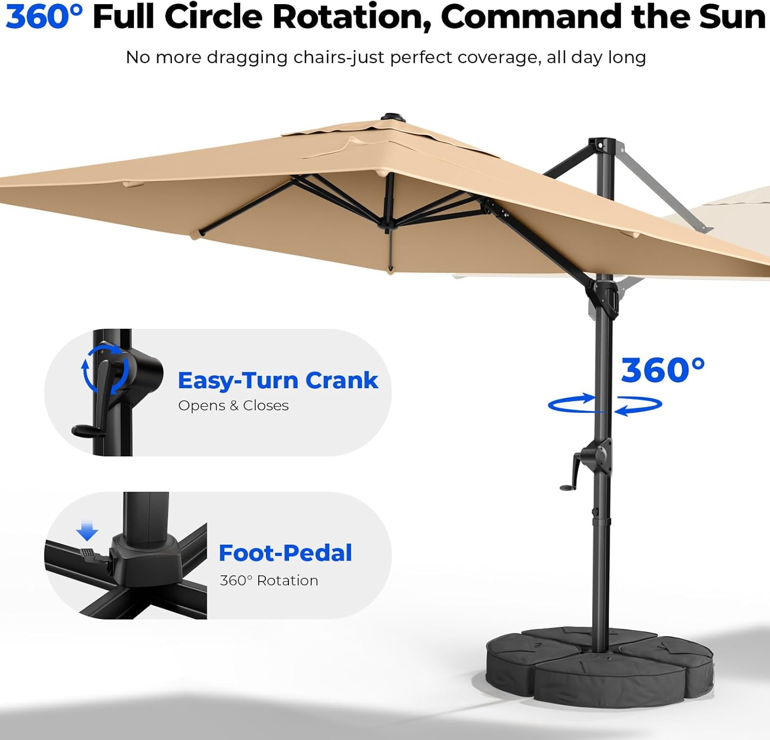 HOMSHADE 10x10 FT Cantilever Patio Umbrella Outdoor with Base- Large Offset Heavy-Duty Aluminum Umbrella with 360° Rotation, 6 Tilts, Windproof, 3-Year Fade Resistance for Pool Deck, Square, Beige