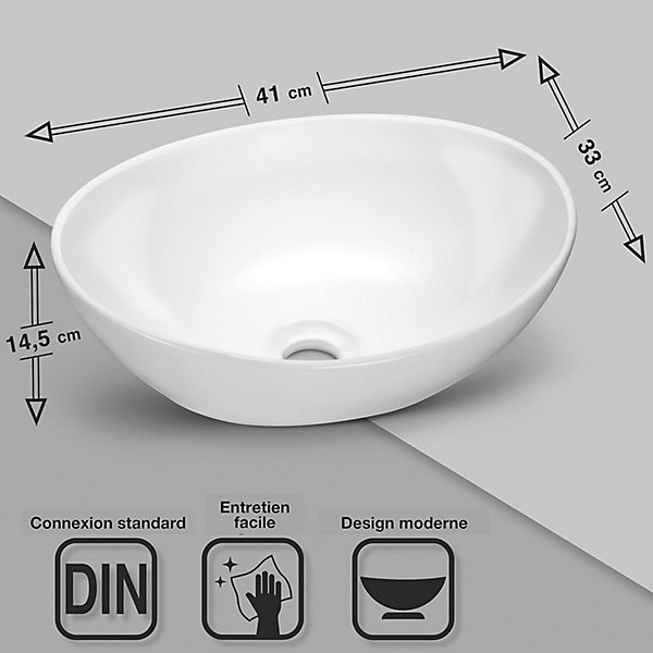 Lavabo ovale avec effet lotus Vasque à poser sans trou pour robinet blanc pur, 41 x 33 x 14,5 cm