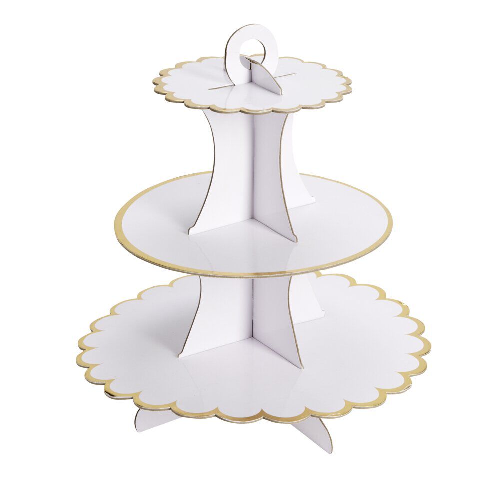 Présentoir à gâteau carton blanc rebord doré Ø30xH32,5cm