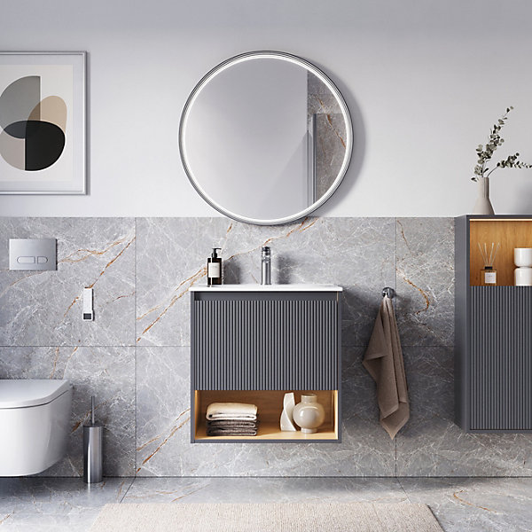 Meuble vasque suspendu MDF Anthracite mat, lavabo DURAVIT Blanc brillant   trou robinet, trop plein &Bonde - 63x49x62cm - BELDIVO