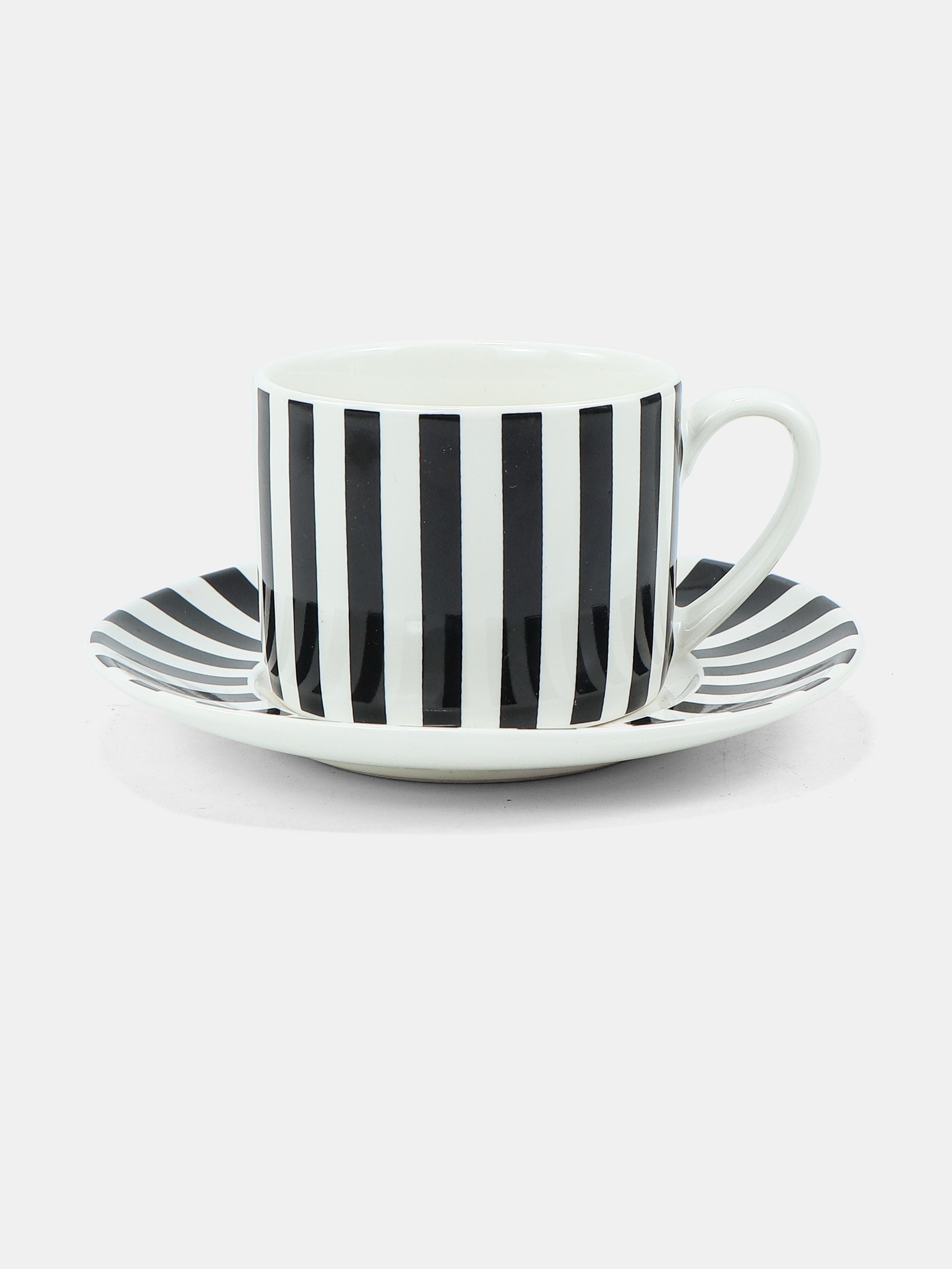 Ceramiczna filiżanka i spodek w paski z napisem