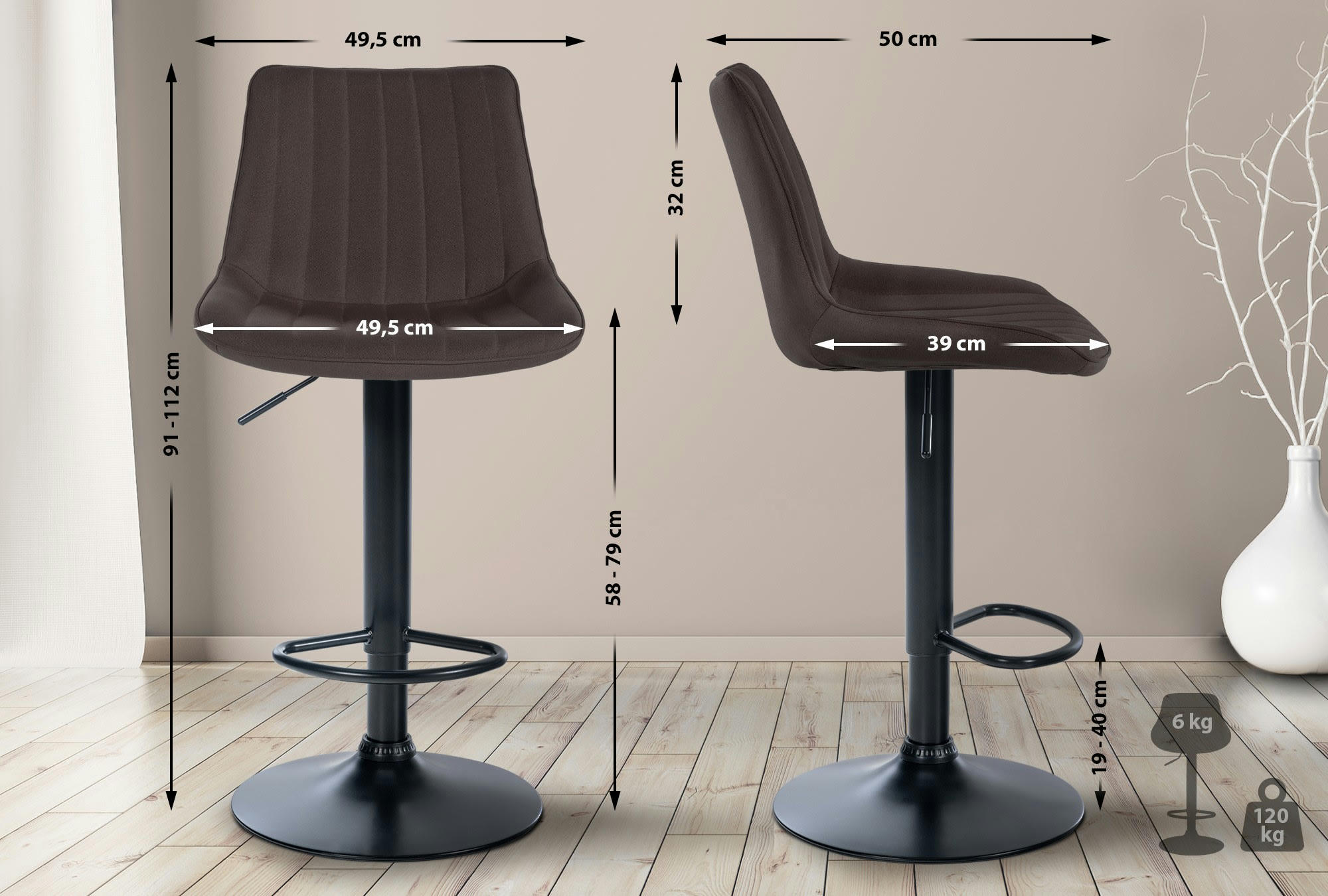 TONI - Tabouret de bar en tissu ajustable pivotant tissu Taupe