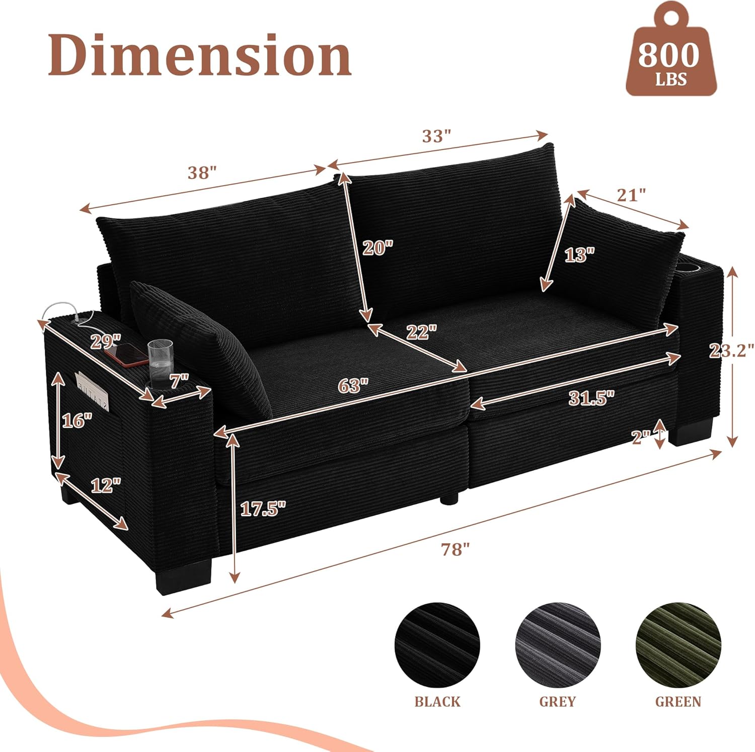 Anwick 78 Corduroy Small Couches for Living Room, Modern Upholstered Loveseat Sofa with USB & Cup Holders, Side Pocket, Soft Deep 2-Seater Sofa Couch for Living Room Bedroom Office Apartment (Black) | USB, Cup Holders, Side Pocket