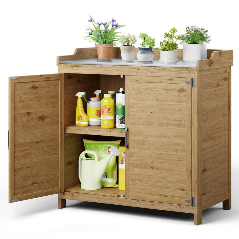 Outdoor Garden Storage Cabinet with Galvanized Top，Wooden Potting Bench Table Workbench with 2 Magnetic Close Doors