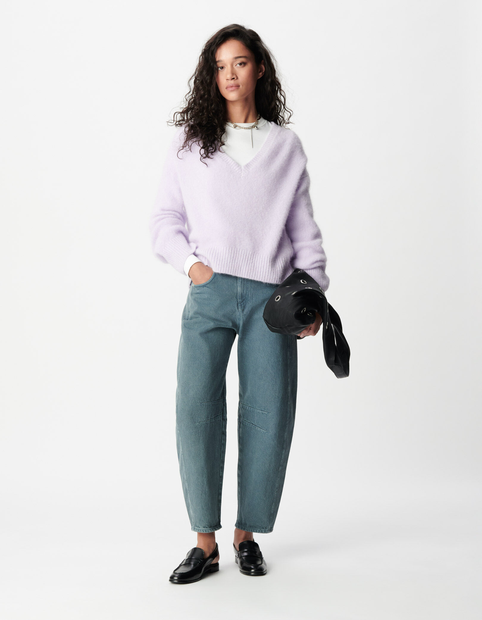 Pull col V lilas tricot mix alpaga Femme