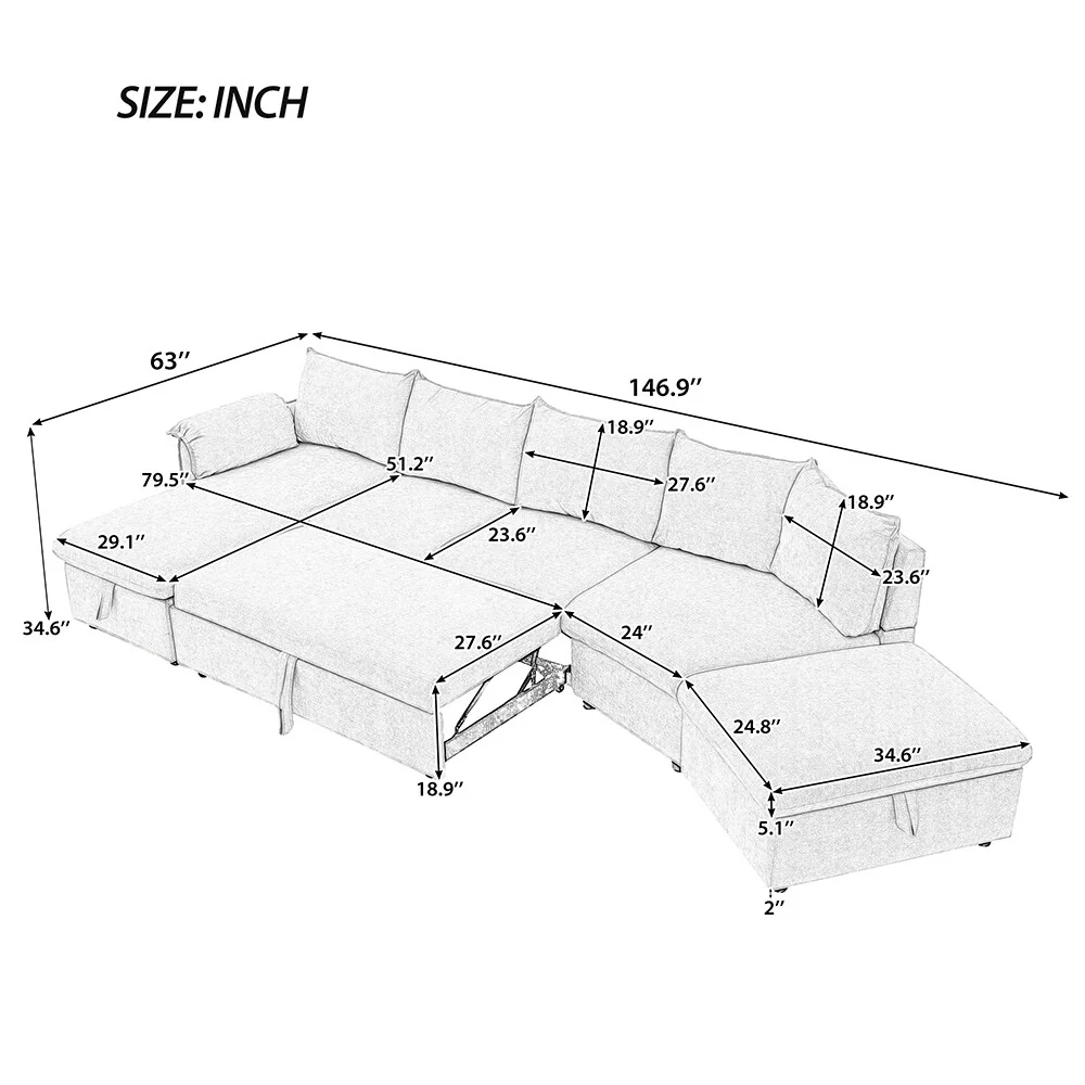 146.9 L-Shape Sleeper Sectional, Storage Ottoman and Chaise, Dual USB