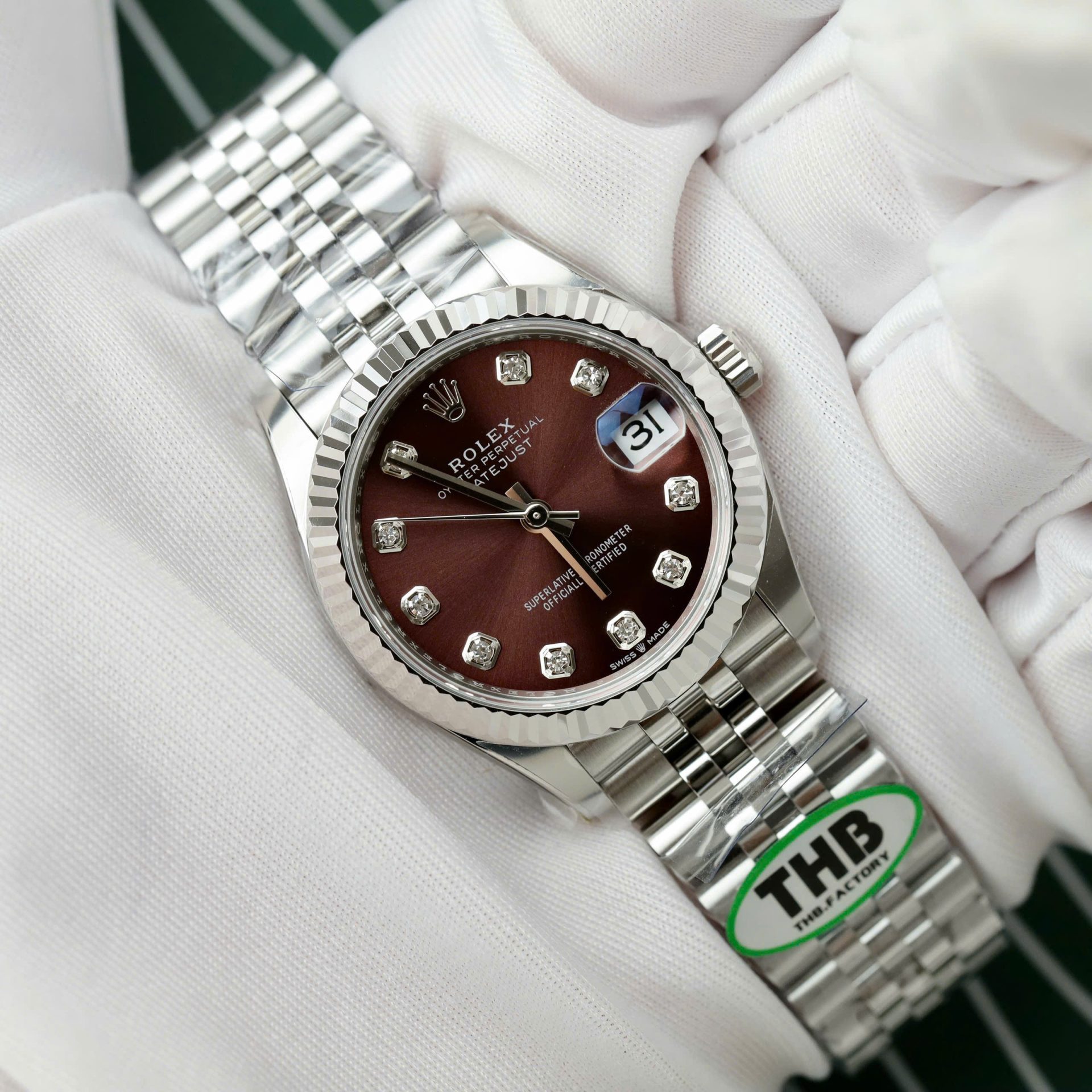 Rolex Datejust 316L Steel Wine Dial CZ Diamonds 31mm Jub THBF Replica