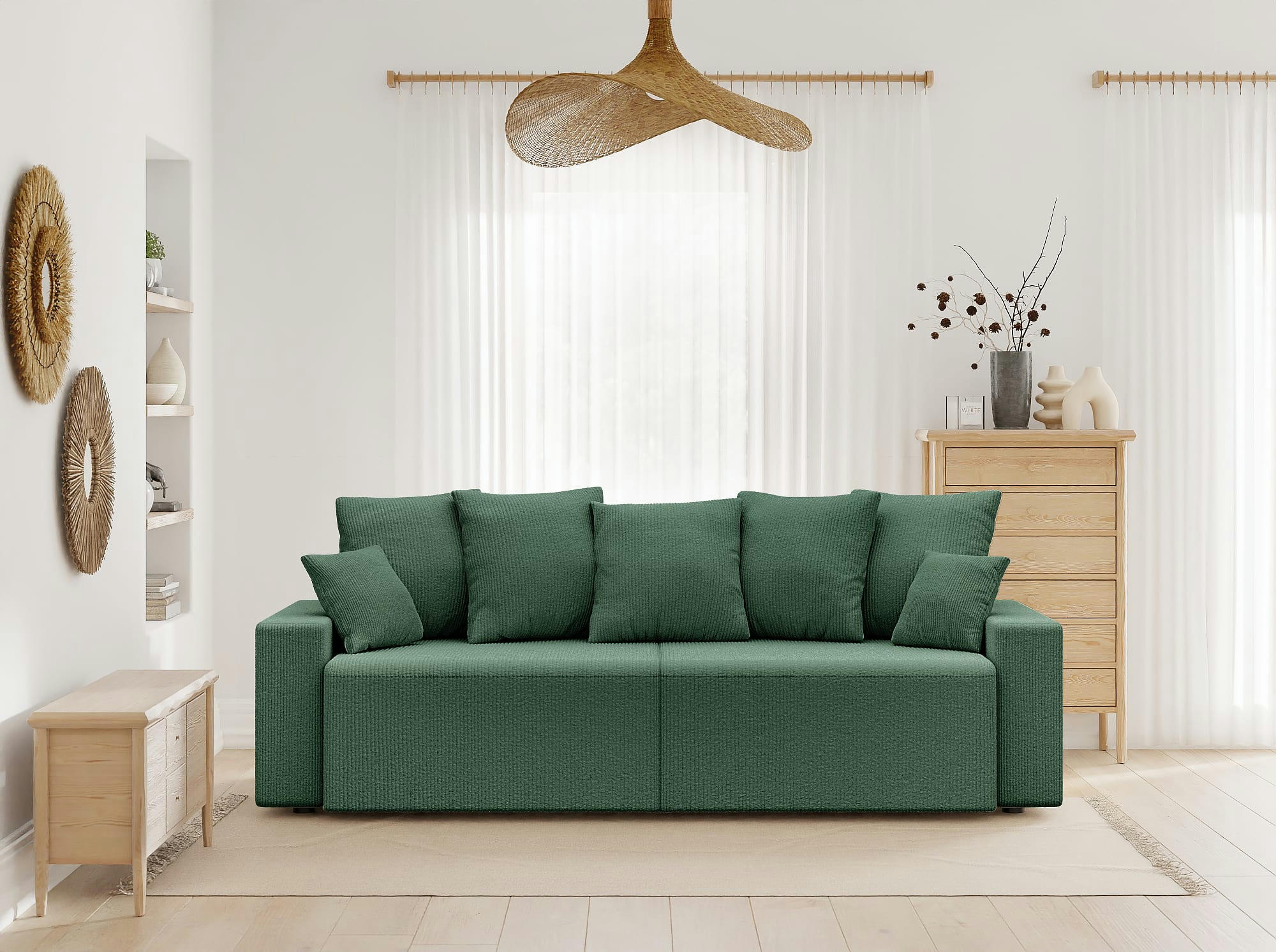 ALMA - Canapé droit convertible en velours côtelé 3 places vert