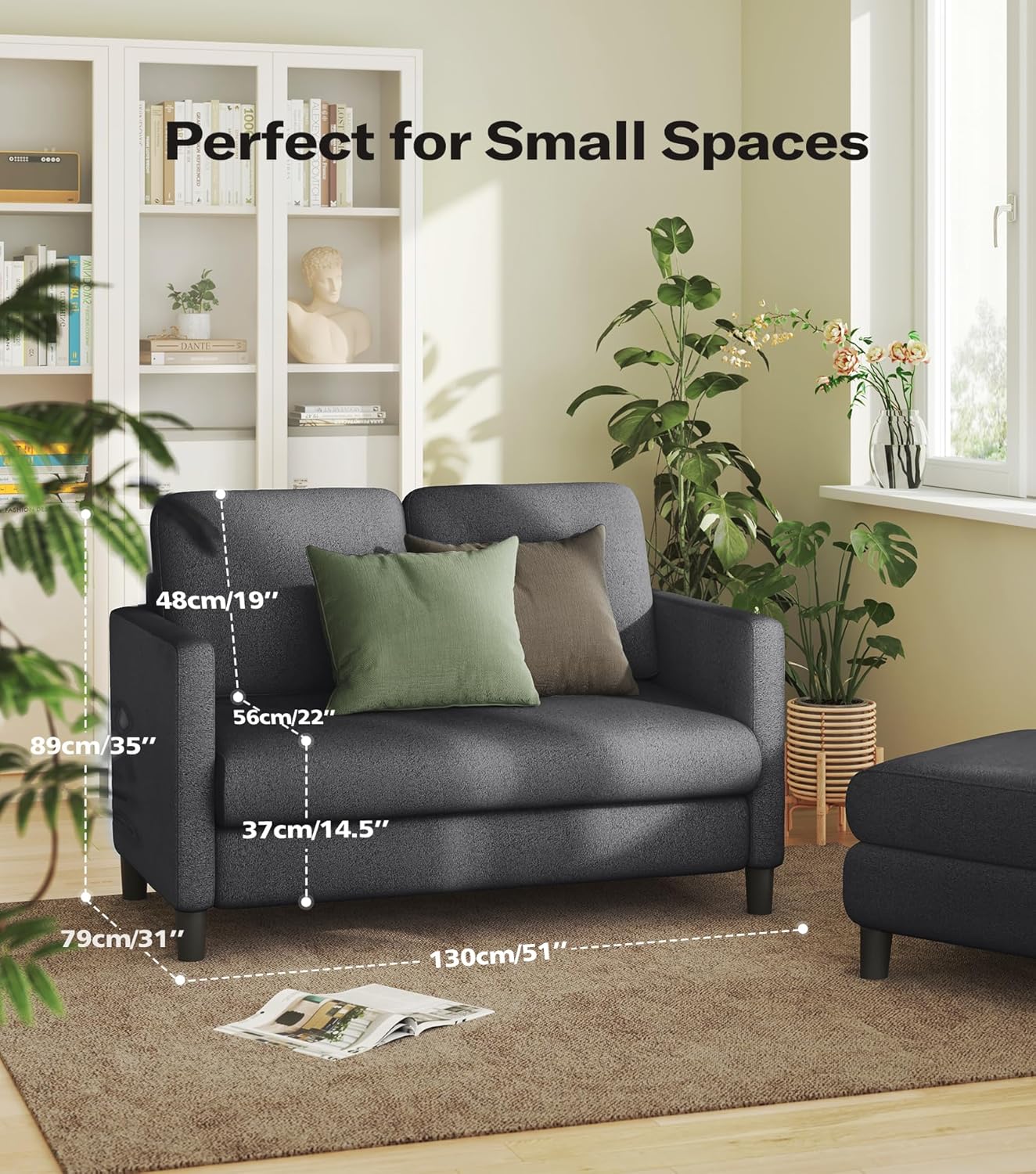 Welzona Loveseat, 51 Small Couch, Comfy Teddy Love Seat for Living Room, Tool-Free Setup Loveseat Sofa for Small Spaces, All-Wood Small Sofa Couch for Bedroom, No Pillow Included, Grey