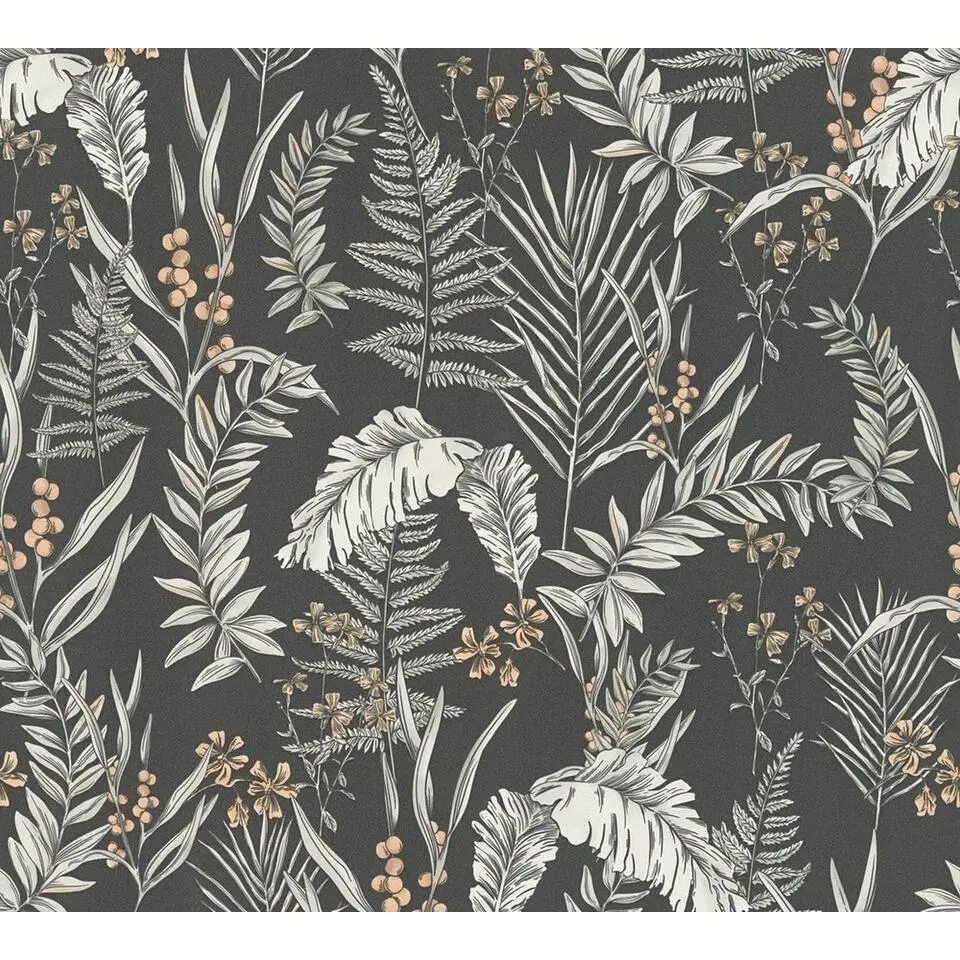 Livingwalls behang tropische bladeren zwart, wit en oranje - 53 cm x 10.05 m