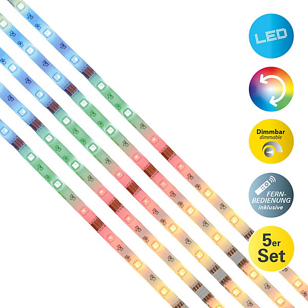 5x 1m LED Stripe RGB, avec changement de couleur, dimmable, télécommande infrarouge incluse