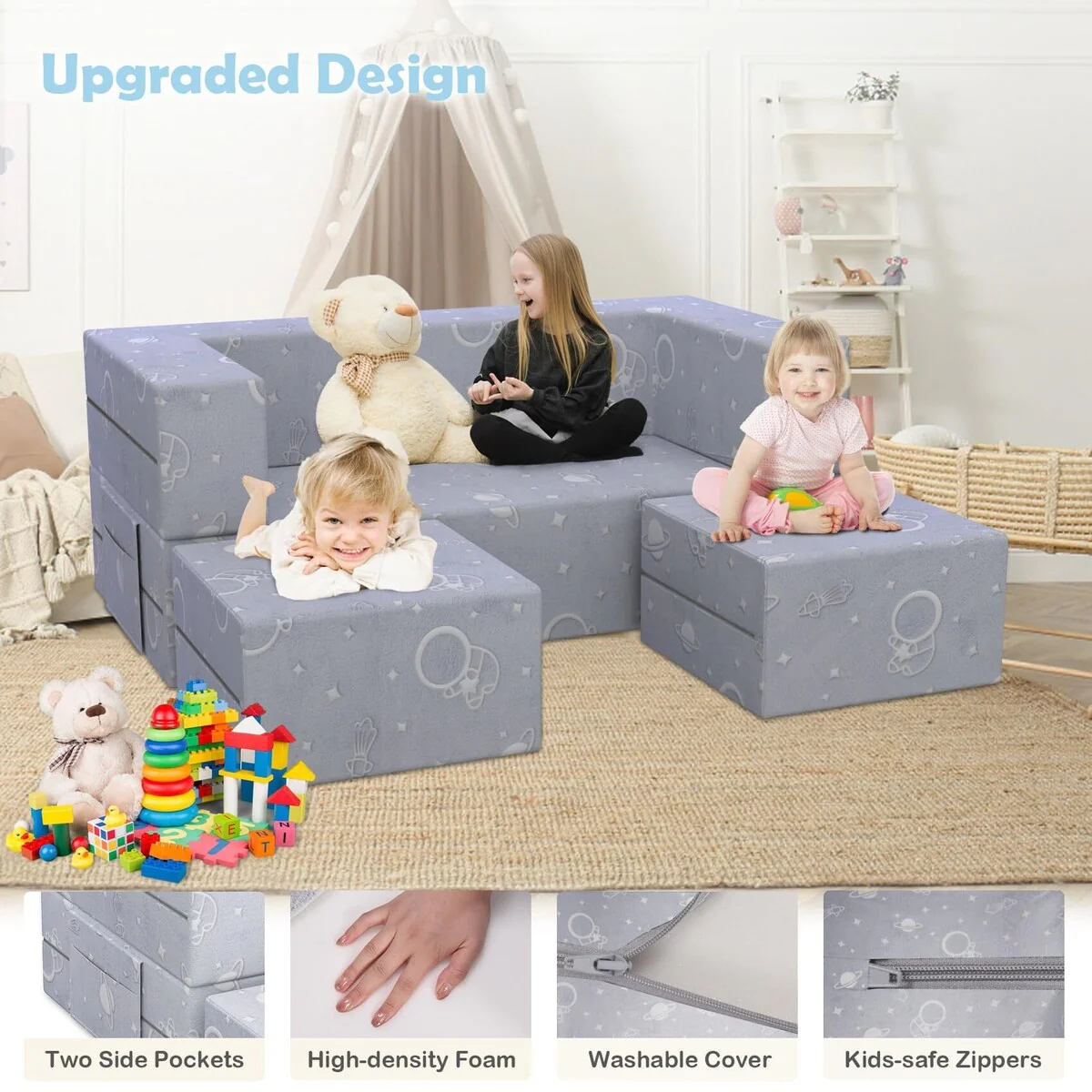 Kids Couch, 6PCS Modular Kids Play Couch with Blanket, Play Couch Furniture for Bedroom and Playroom