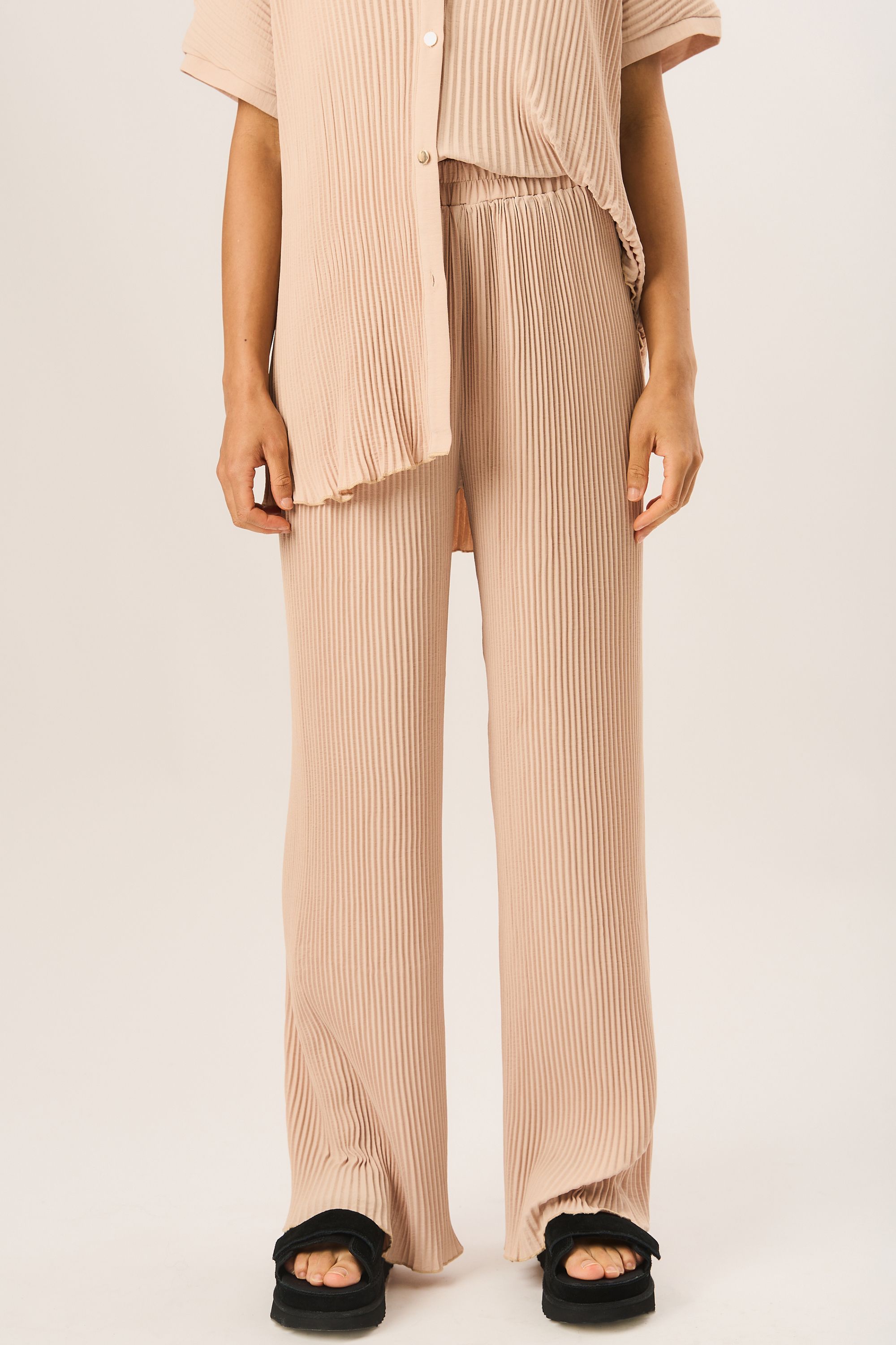 Gini London Beige Plisse Loungewear Wide Leg Trousers