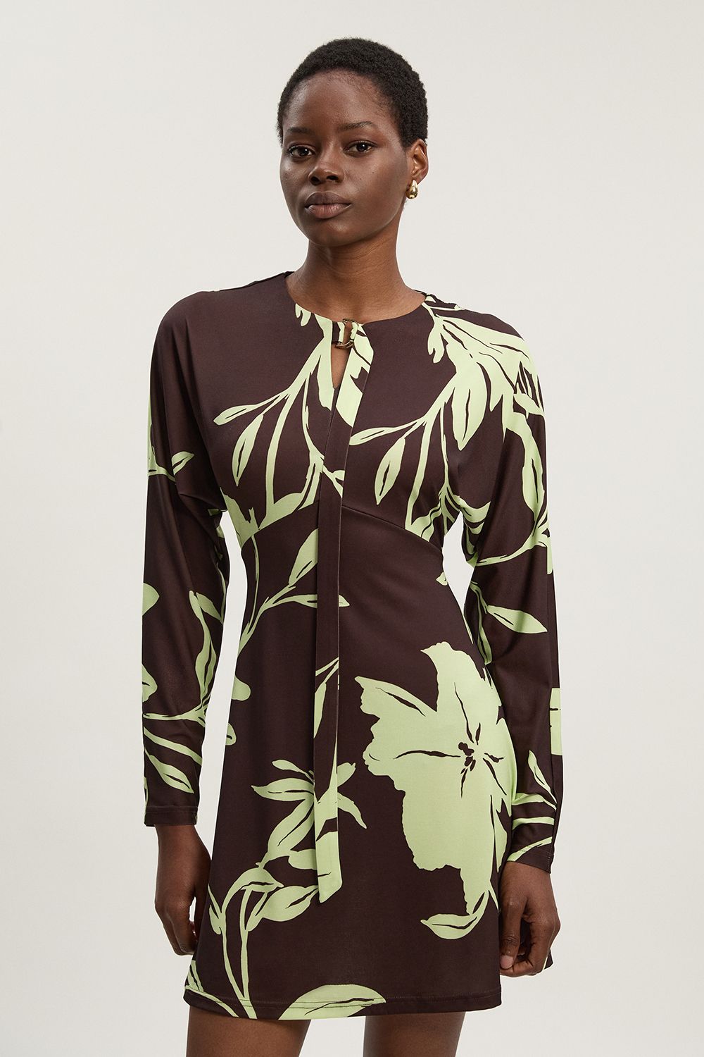 KarenMillen Floral Print Keyhole Tie Detail Crepe Long Sleeve Mini Dress