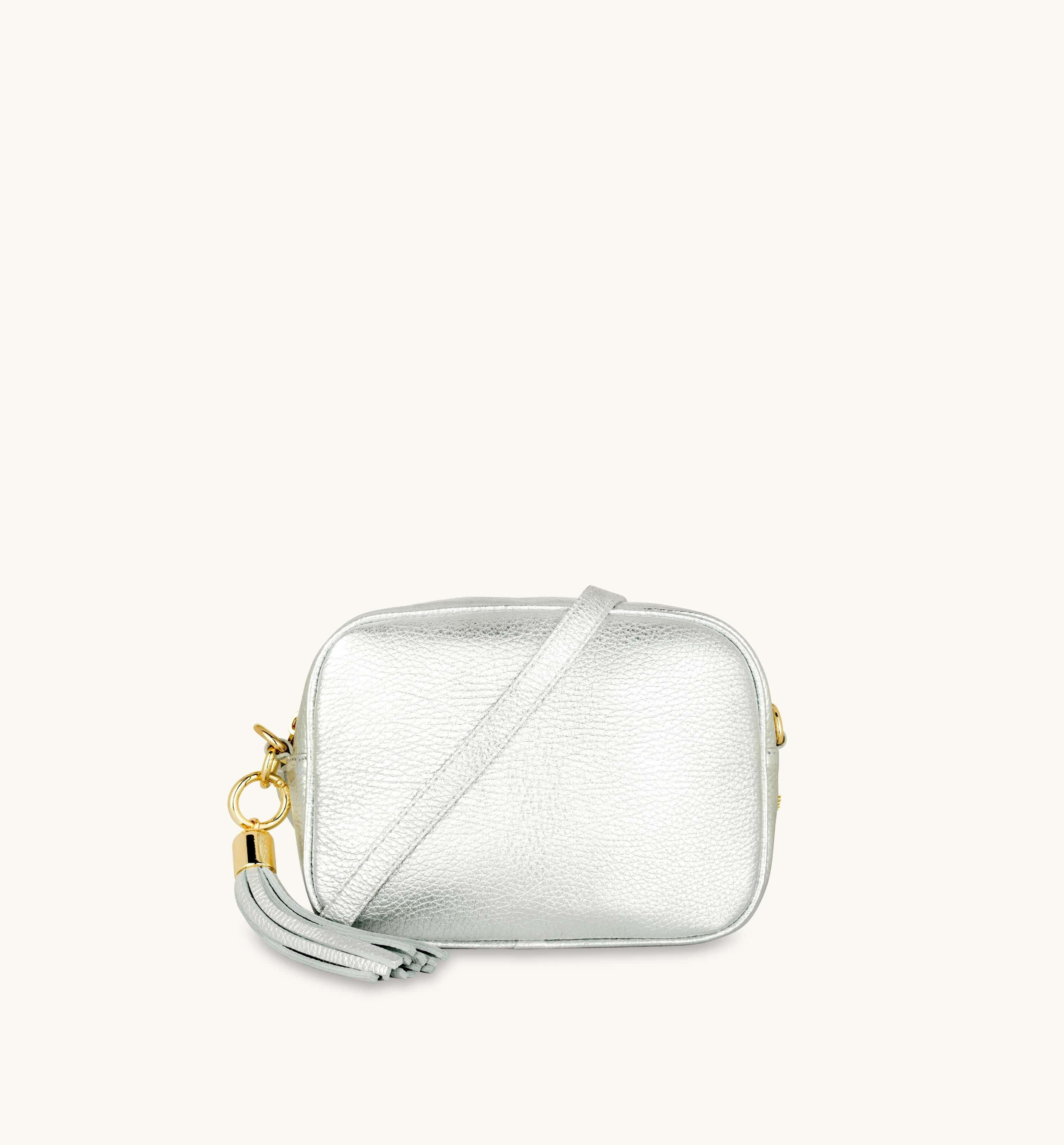 Apatchy London Silver Leather Crossbody Bag With Black & Silver Chevron Strap