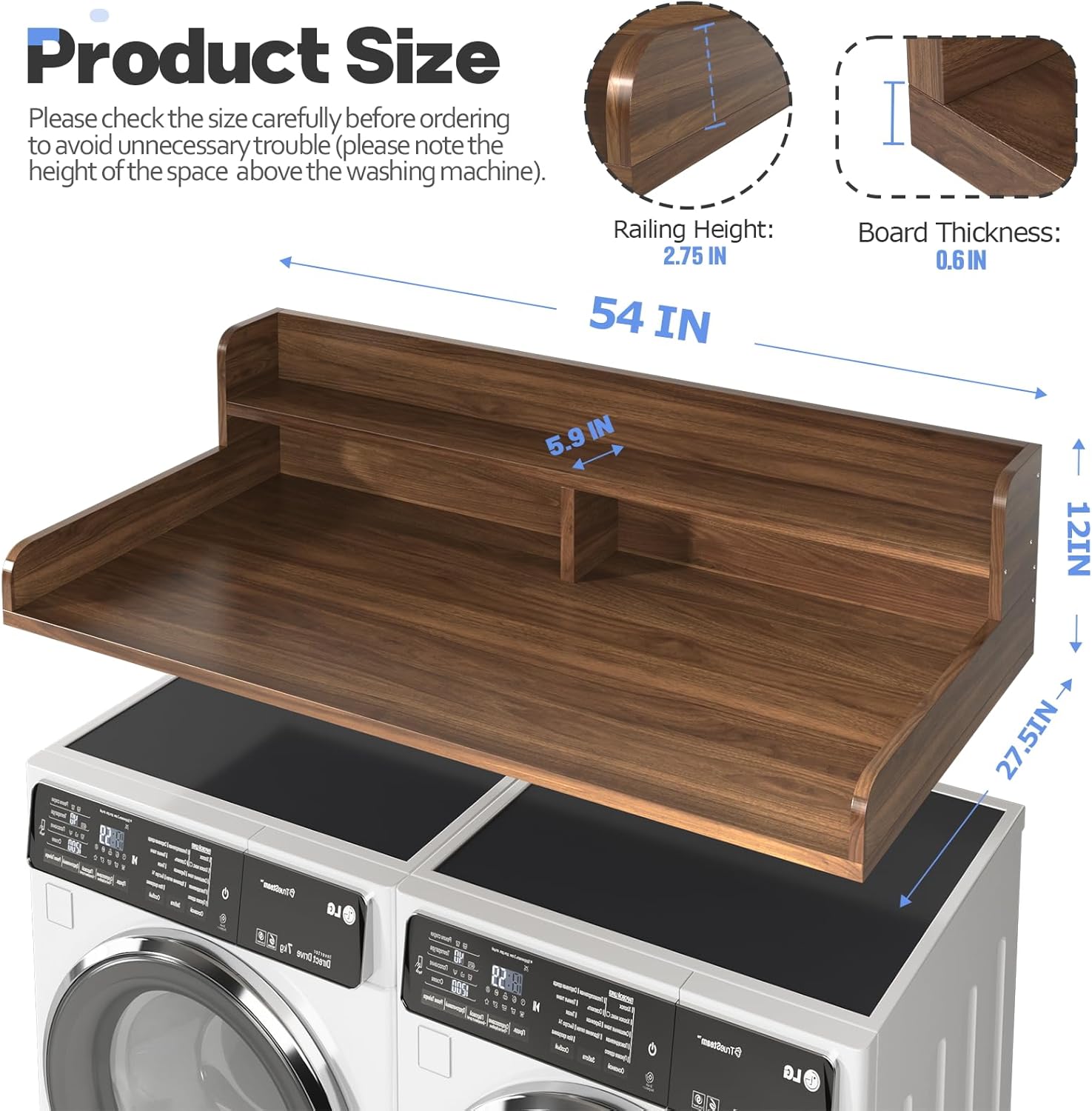2-Tier Washer and Dryer Countertop with 2.75 H Guard,54 W x 27.5 D Laundry Countertop Cover with Non-Slip Pad,Large Space Laundry Topper for Folding Clothes Over Washer and Dryer-Dark Walnut