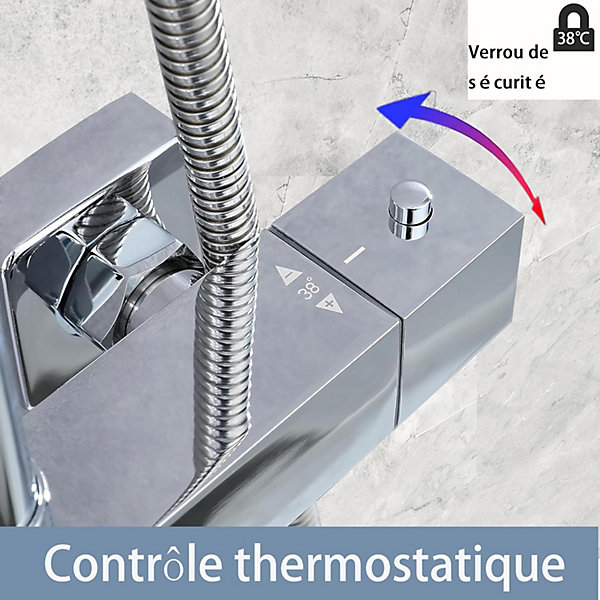 AICA colonne de douche thermostatique avec pomme de tête, douchette et flexible,carré