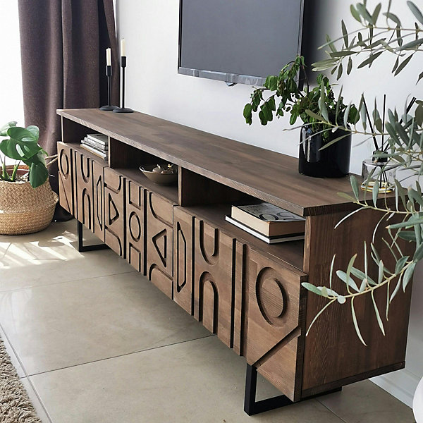 Meuble TV bois brun motif graphique avec 2 étagères JACA