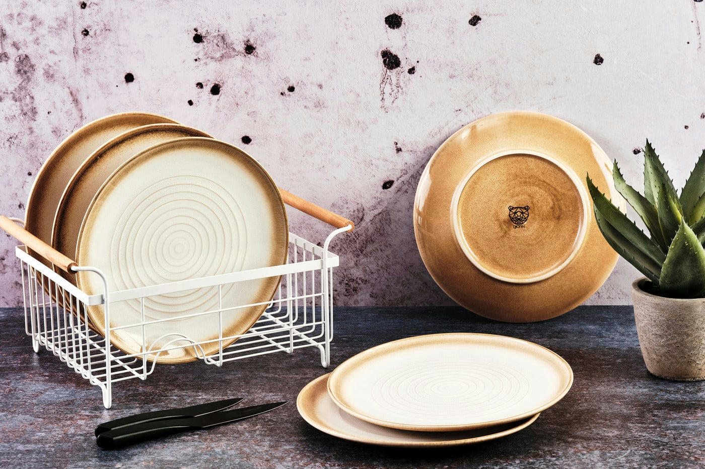 COSMOS - Lot de 6 assiettes plates en grès beige D27,5