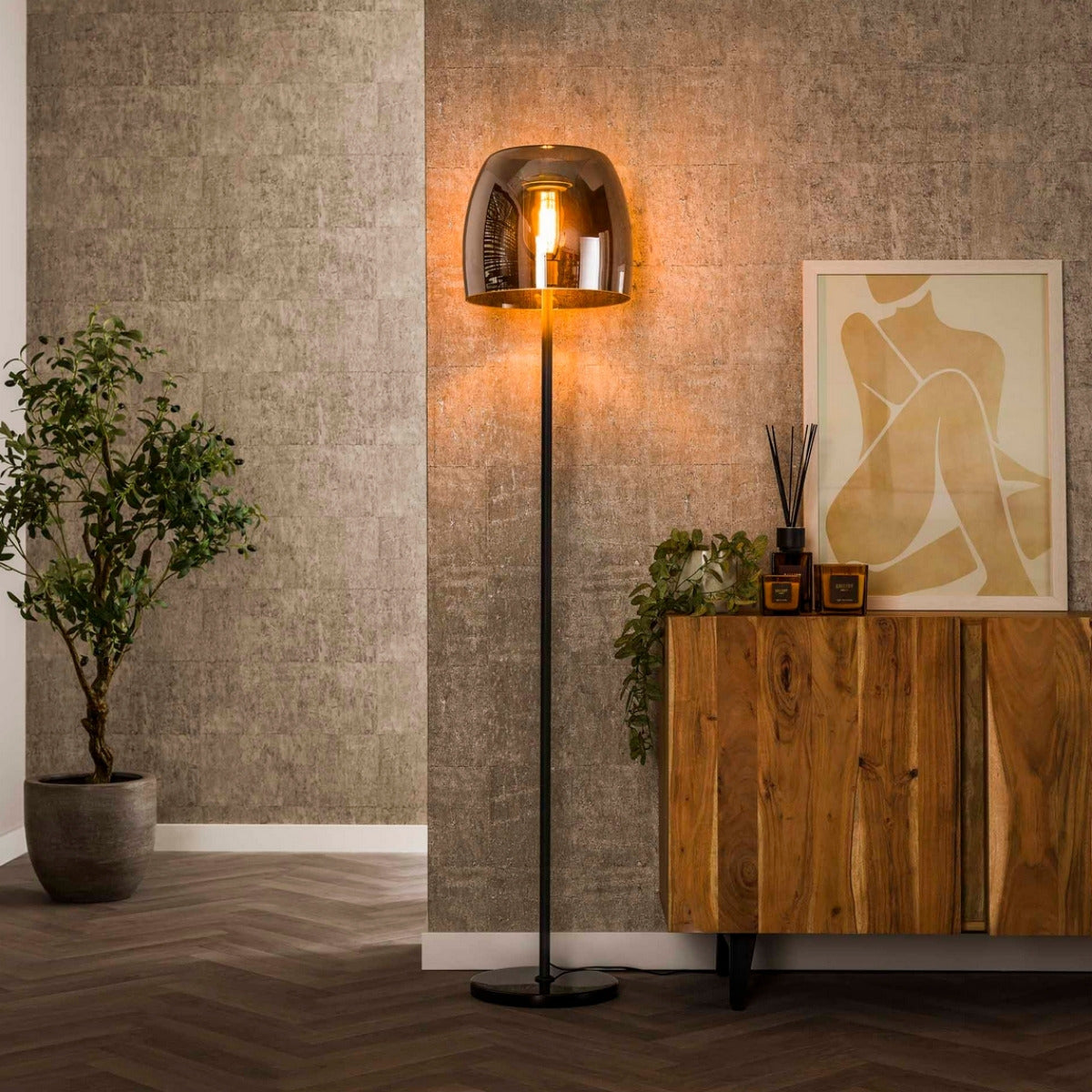 Fraaai - Ariana vloerlamp 1L drift glas - smoke grijs