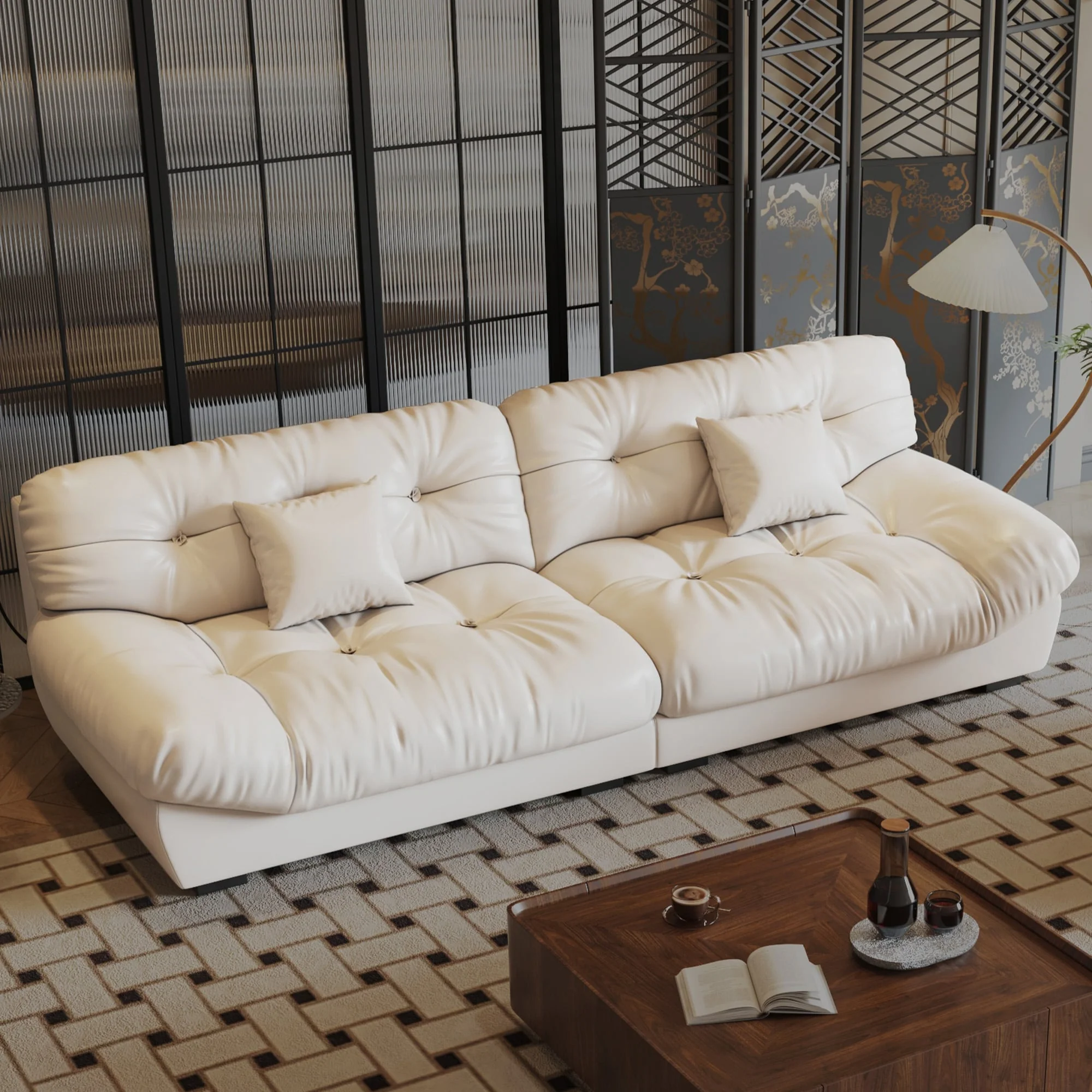 102.4 3-Seat Mid-Century Leather Feather Sofa - 110.2 x 31.9