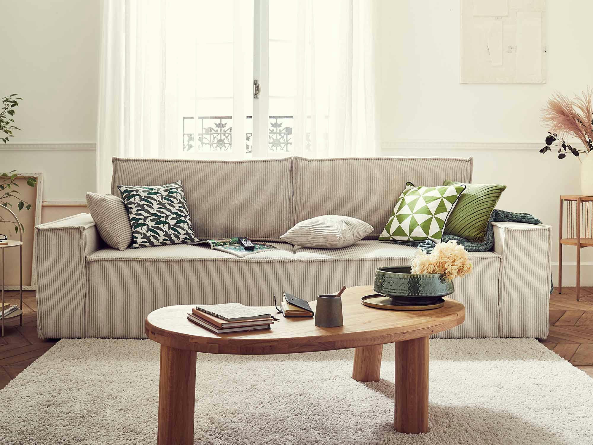 DELLIA - Canapé droit convertible 3 places en velours côtelé beige