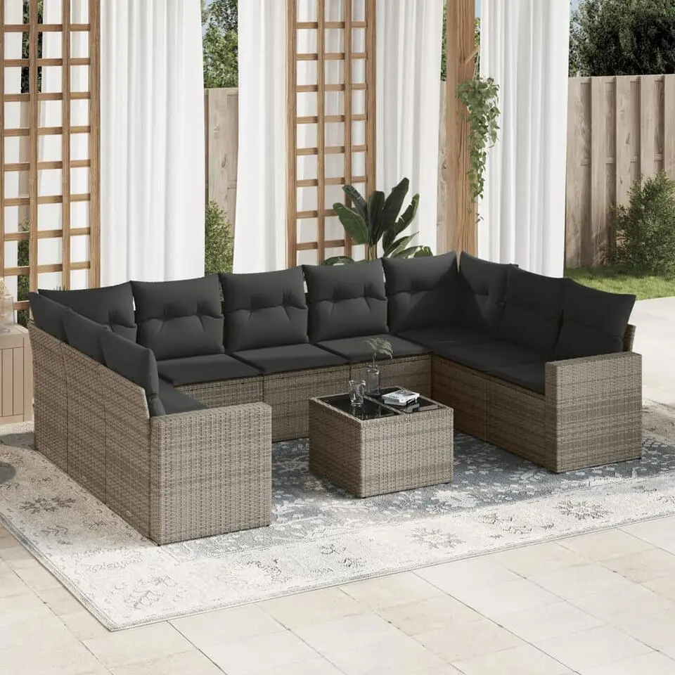 vidaXL Loungeset met kussens en tuintafel voor 9 personen - Grijs - Poly rattan
