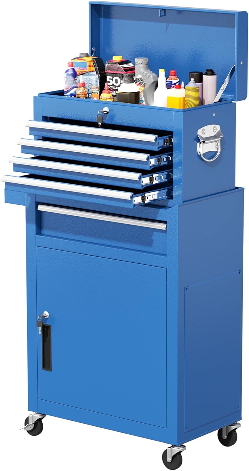 Greenvelly Tool Chest, 5-Drawer Rolling Tool Chest with Hooks and Lockable Wheels, Detachable Top Tool Box, Toolbox with Wheels, Rolling Tool Box for Mechanics Garage Workshop and Tool Room (Blue)