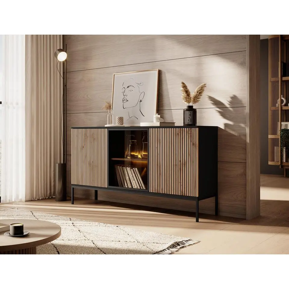 Meubella - Dressoir Legend - Mat zwart - Eiken - 154 cm