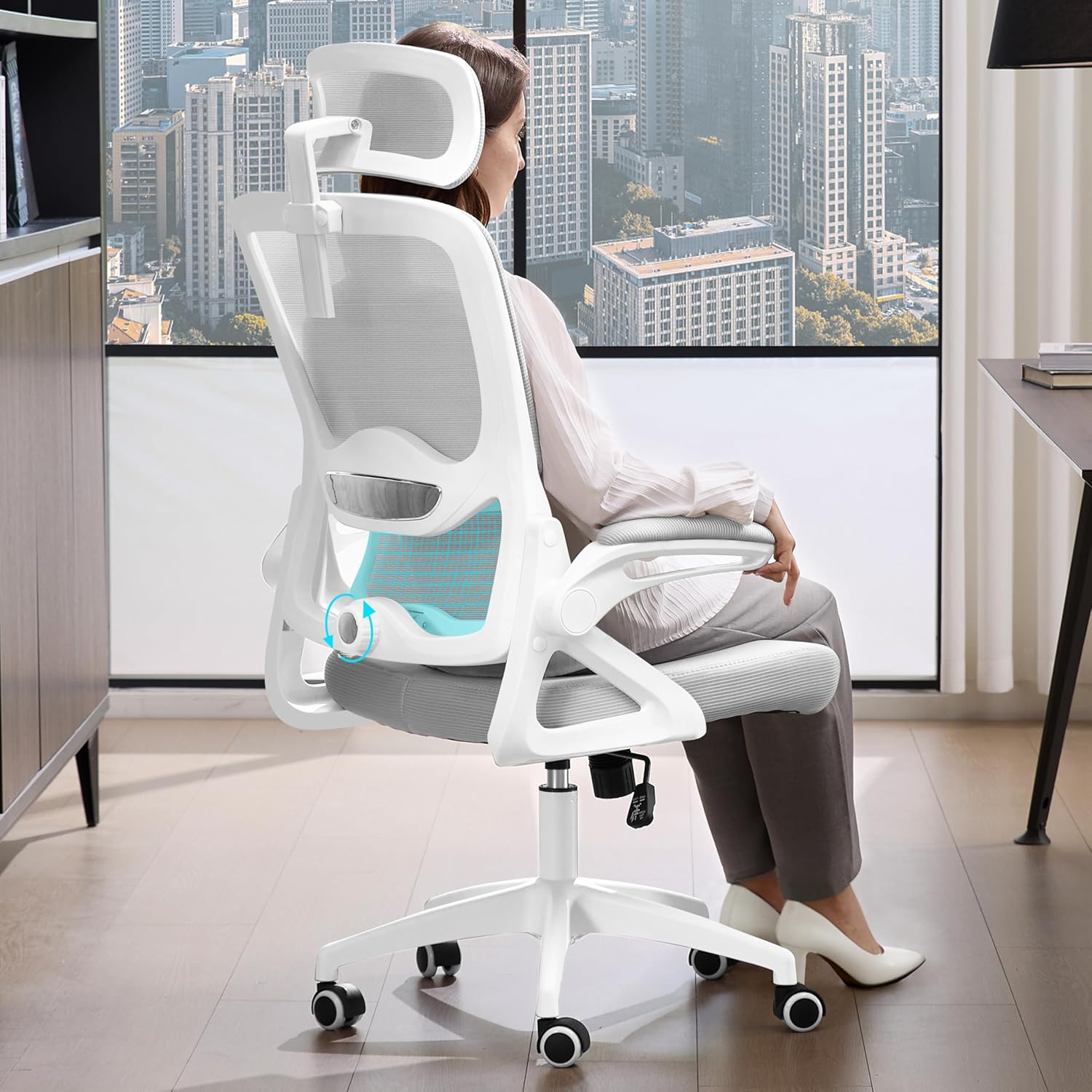 Ergonomic Office Chair,Mesh Office Chair with Lumbar Support,High Back Desk Chair with Flip-up Arms,400 lbs Big and Tall Computer Chair with Headrest,Comfy Desk Chairs (Light Grey)