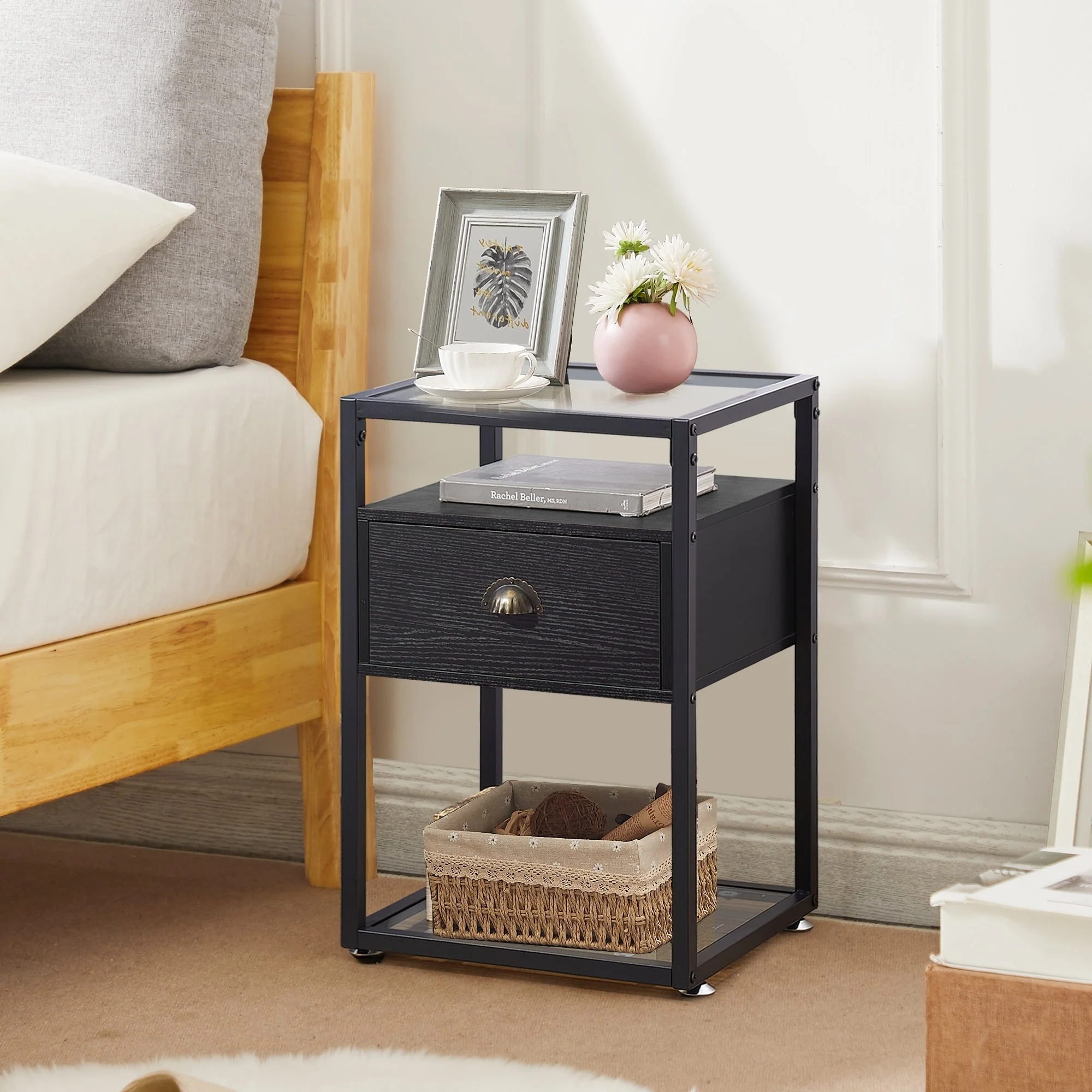 Nightstands for Small Spaces, Modern End Tables with Glass Top, Side Tables with Drawers