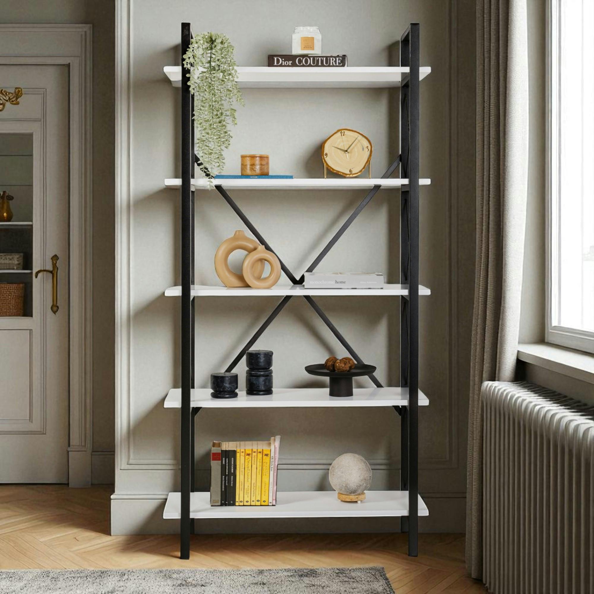 Bibliothèque étagère noire, 5 plateaux blancs JENA