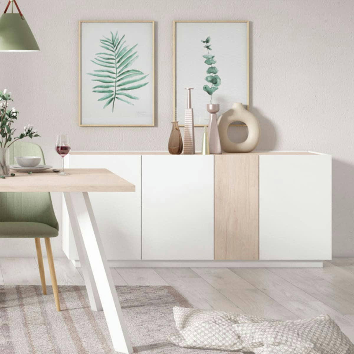 JOSIE - Buffet 4 portes blanc et effet bois 180 cm