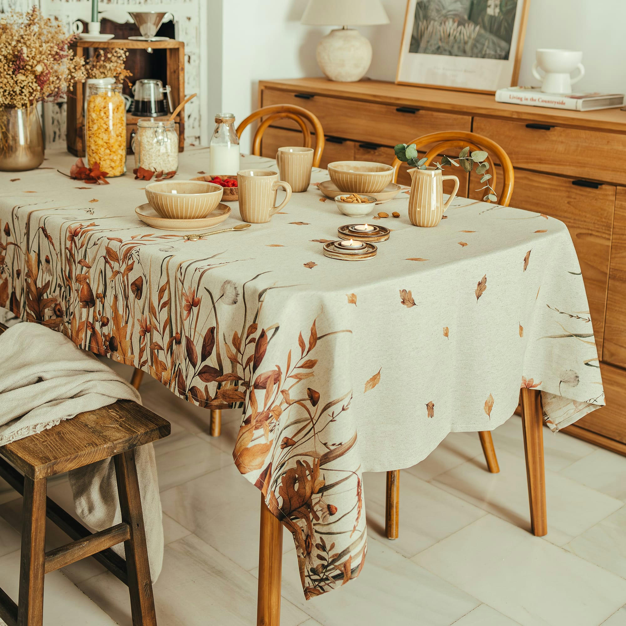 NISCALO OCRE - Nappe en lin antitâche imprimée floral 140x240 cm