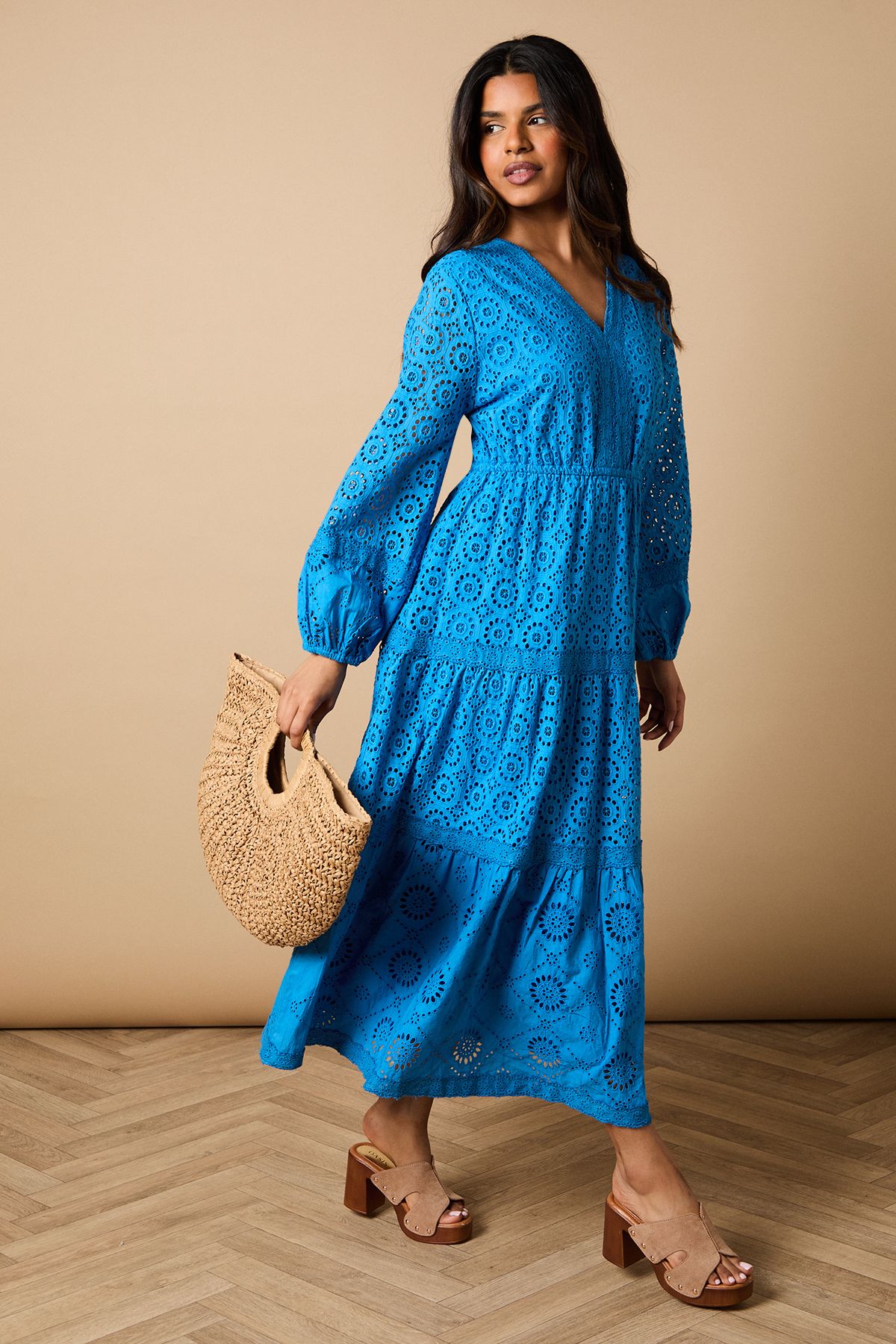 Oasis Petite Broderie Trim Detail Puff Sleeve Midi Dress