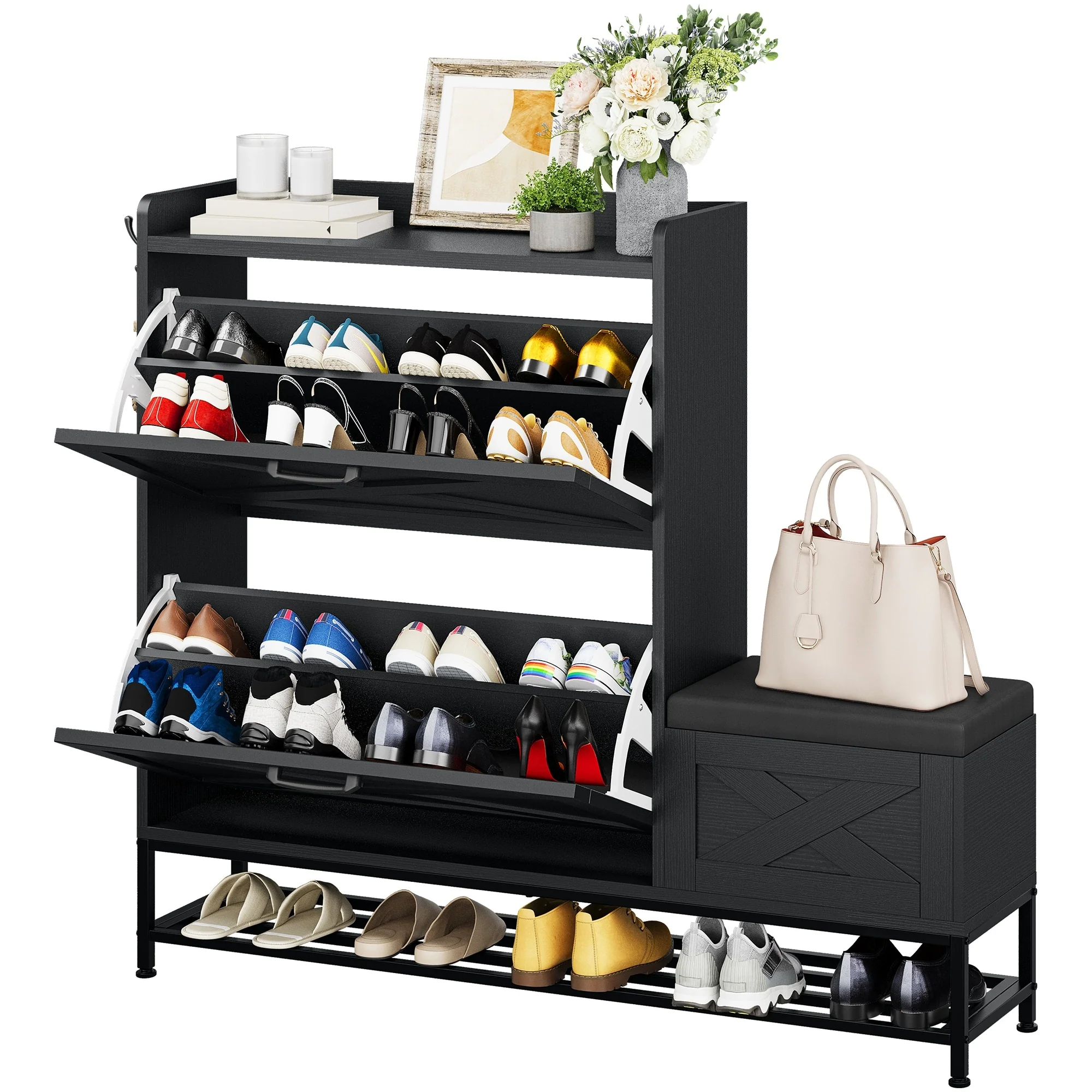 Farmhouse Shoe Storage Cabinet with Shoe Bench Entryway Shoe Storage with 2 Flip Drawers for 16 Pairs - 9.4W x 47.1L x 41.3H