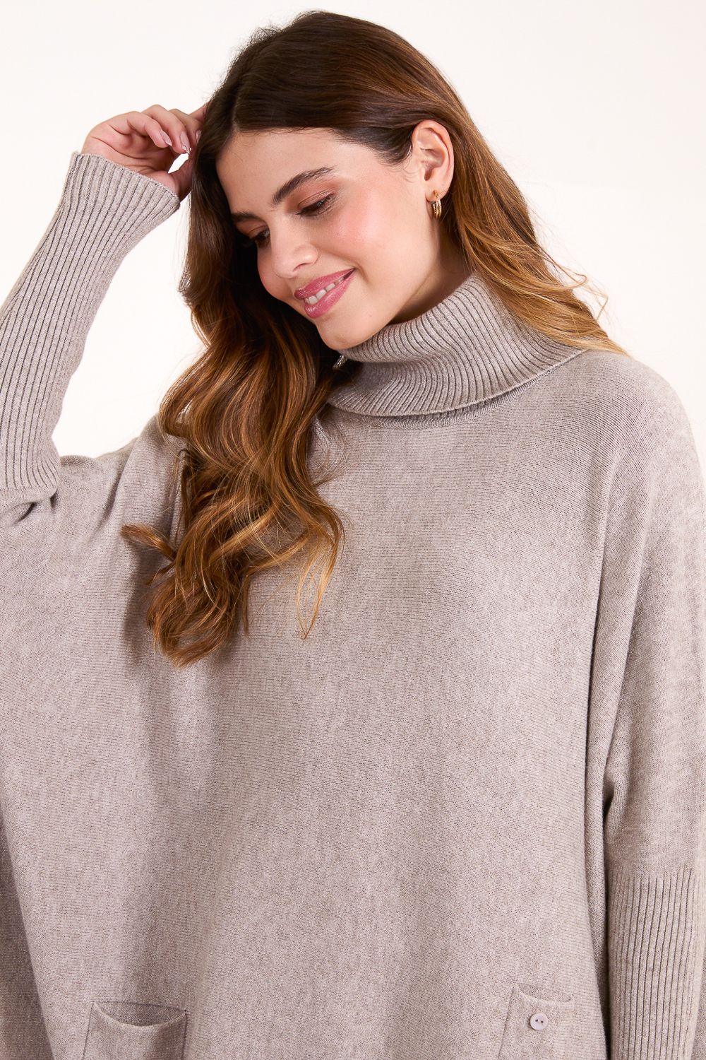 Blue Vanilla Roll Neck Button Mini Pocket Jumper