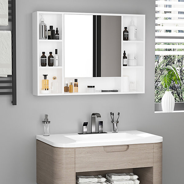 Armoire murale salle de bain avec miroir - 7 niches, étagère - 100 x 15 x 70 cm - MDF blanc