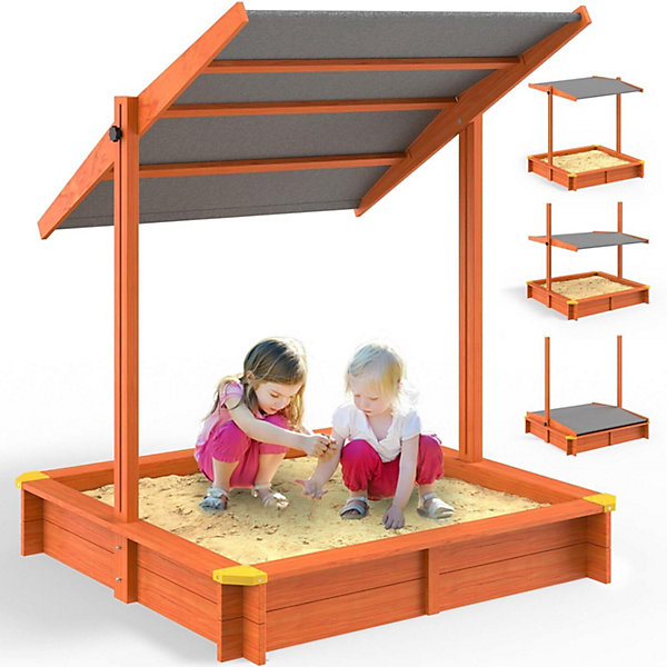 Bac à Sable en Bois Sami 120 x 120 cmAvec Toit Réglable et Tapis de Sol