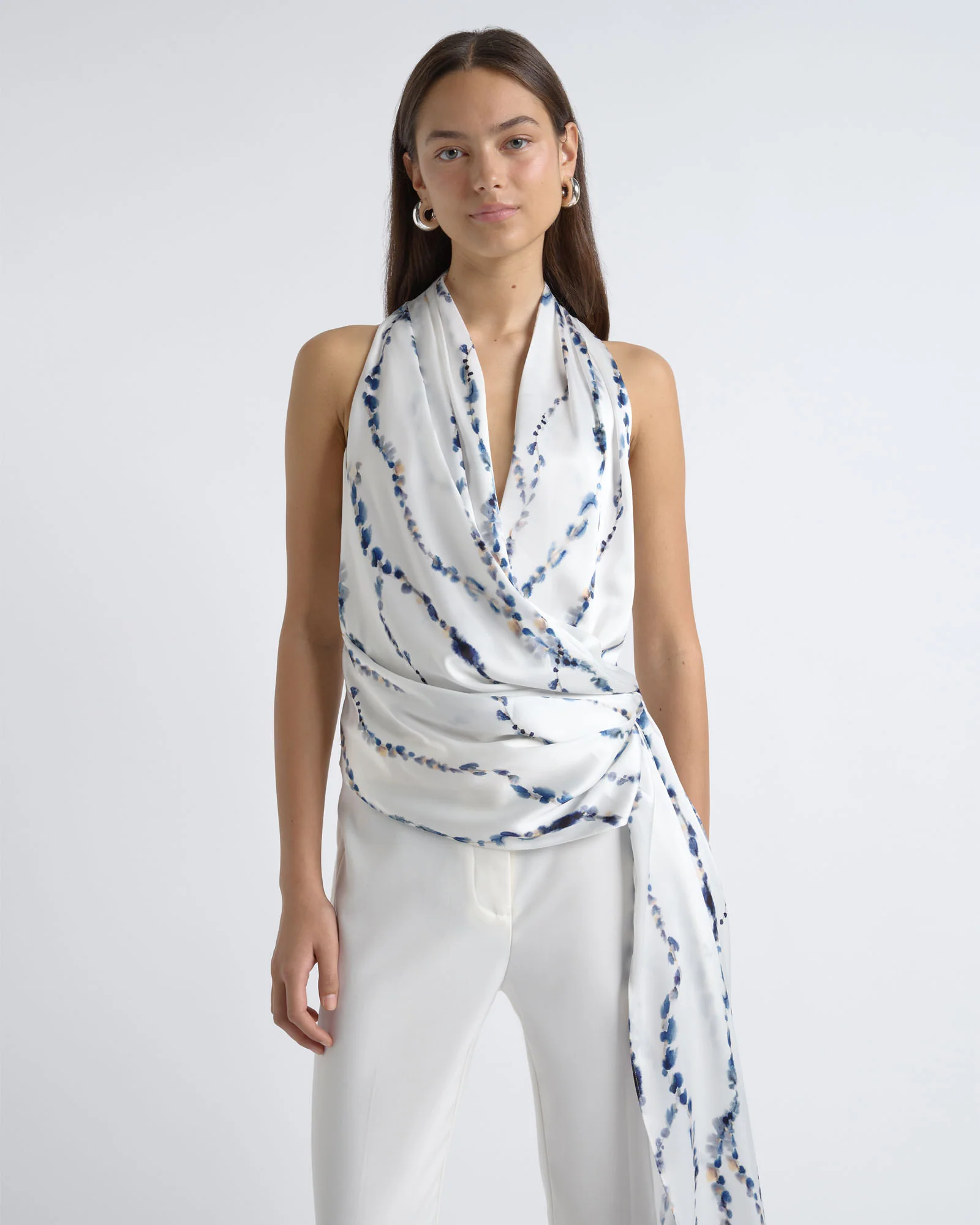 Satin Abstract Print Drape Neck Top
