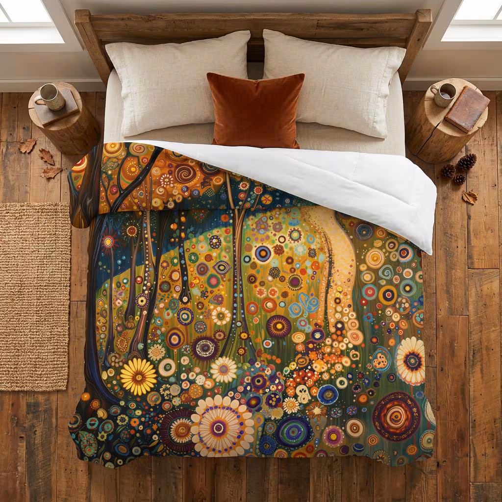 Comforter, 100% Cotton, Gustav Klimt Inspired Lightweight Botanical Forest Cozy Bedspread, One Sided Print, Bedding in 4 Sizes