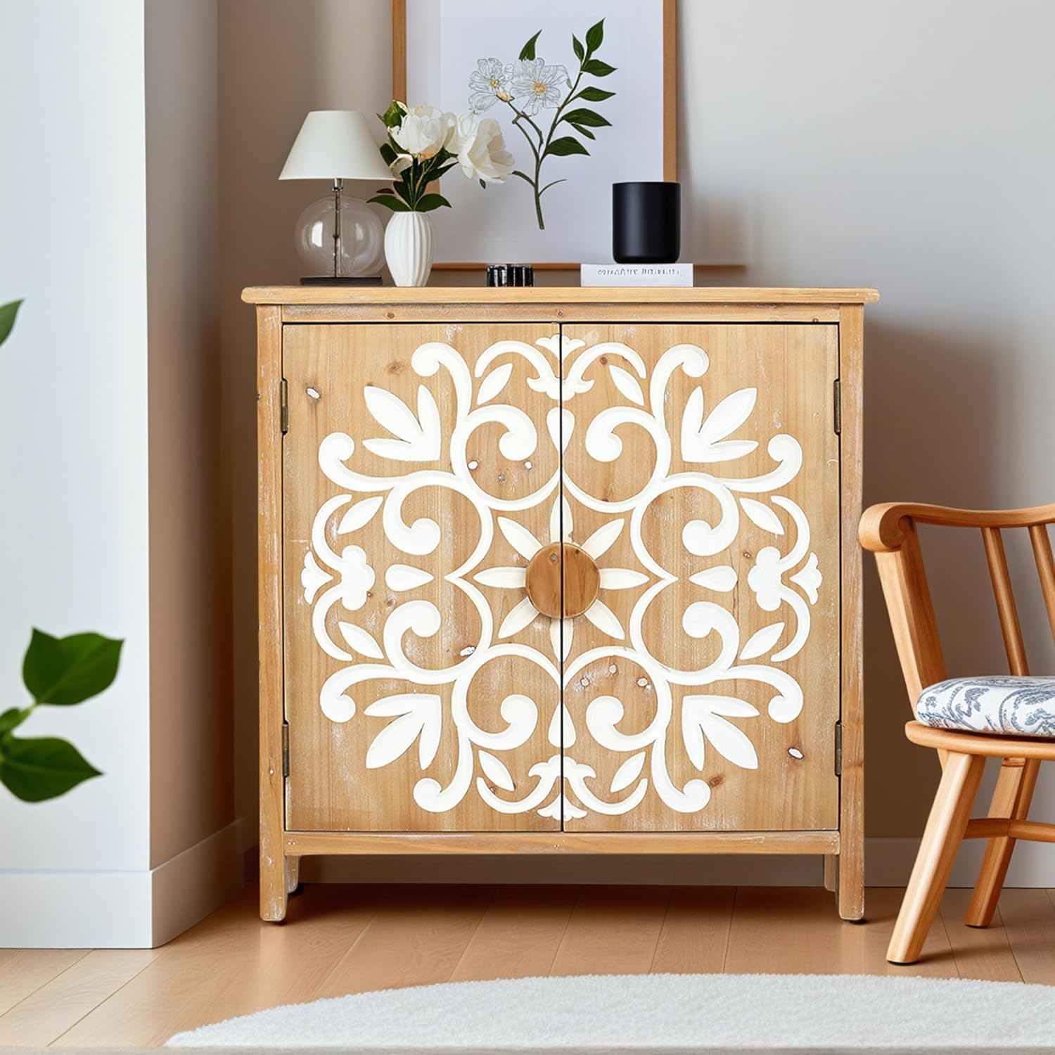 Small Entryway Cabinet with Storage - Farmhouse Cabinet for Living Room, Decorative Storage Cabinet with Floral Carvings, Antique Brown & White Accent Cabinets