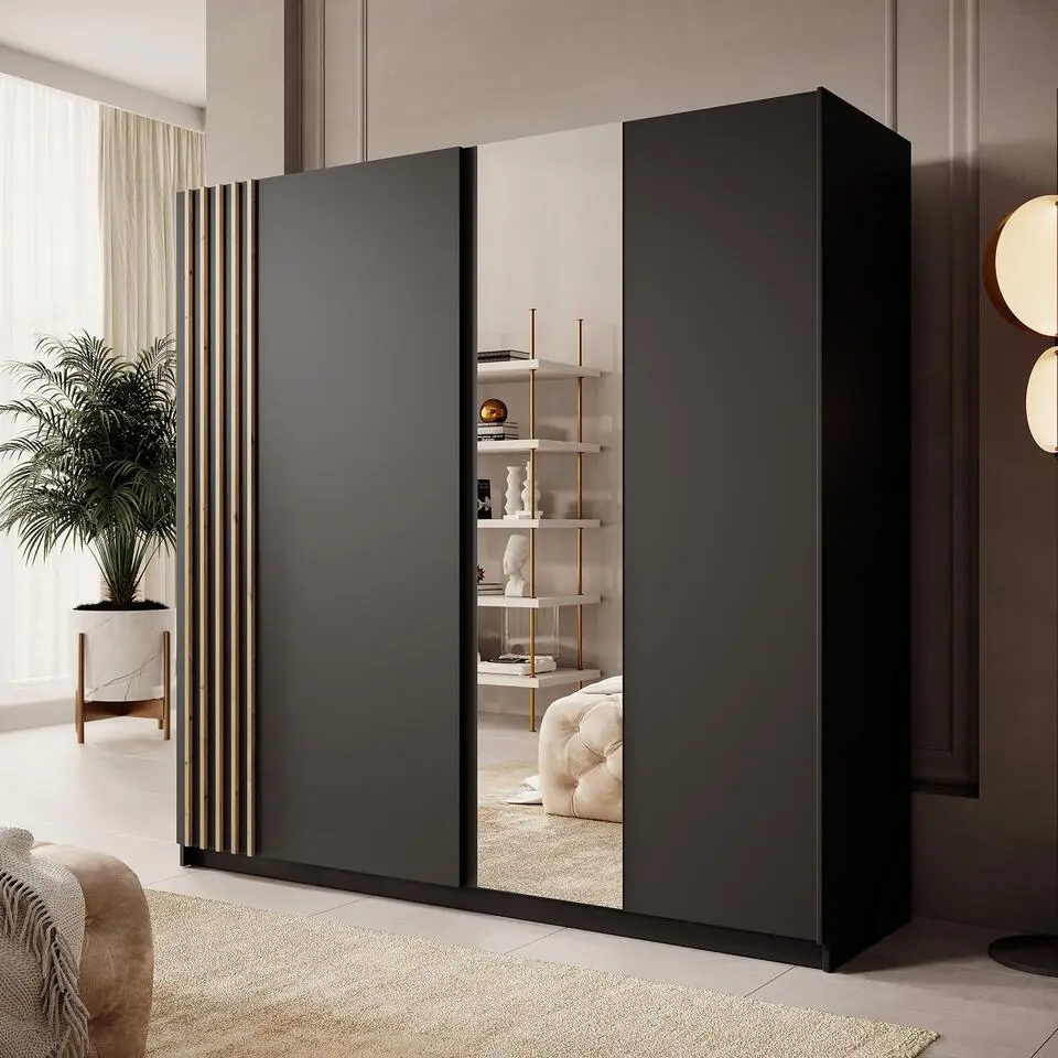 Meubella - Kledingkast Boets - Zwart - Eiken - 200 cm - Met spiegel