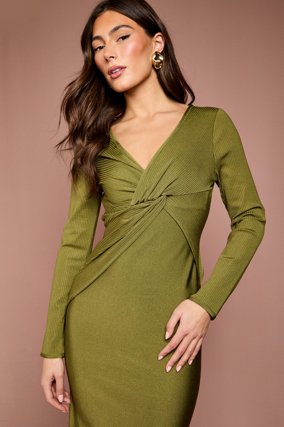 Coast Long Sleeve Twist Front Bandage Midi Dress