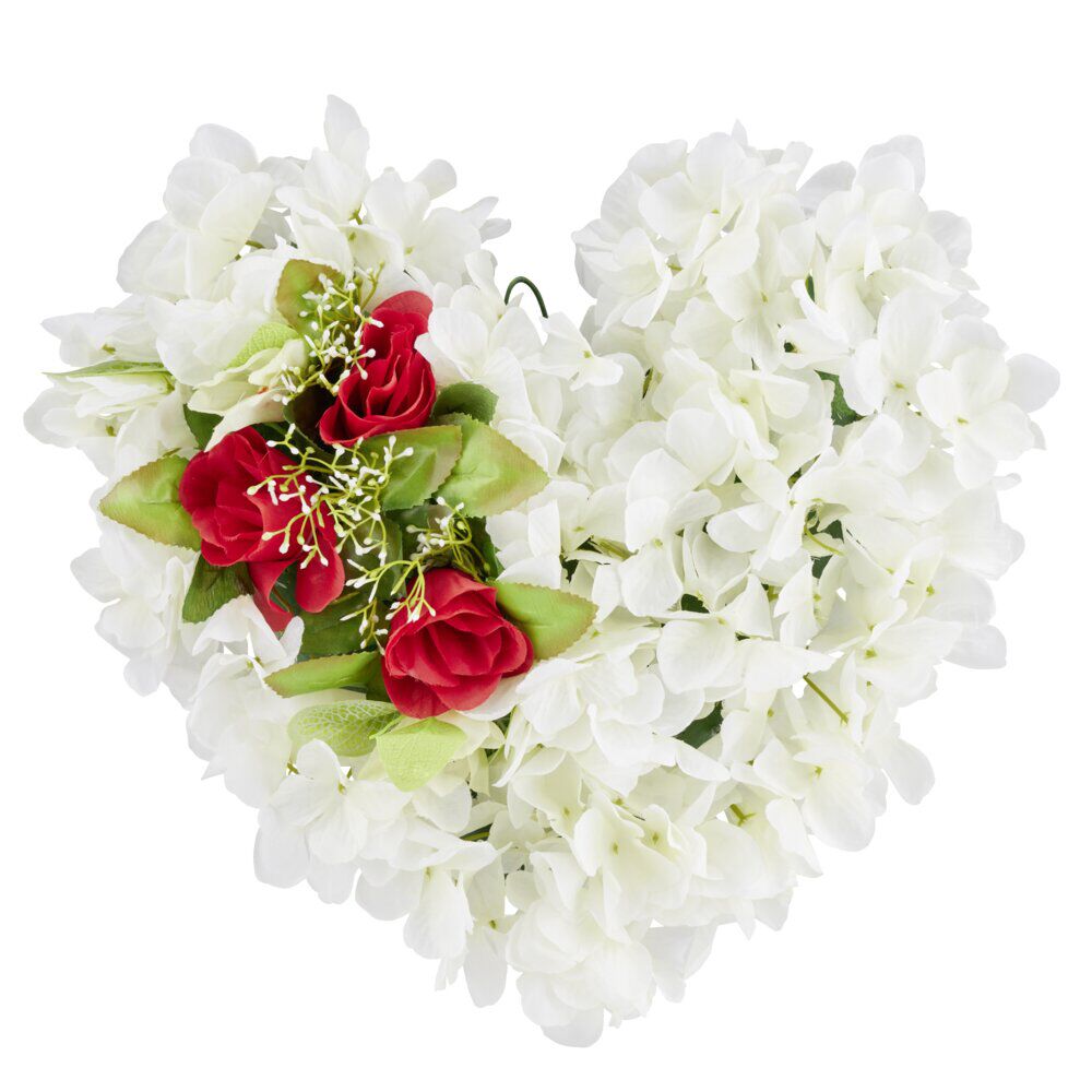 Coussin en forme de coeur hortensias blancs et roses rouges 35x40cm