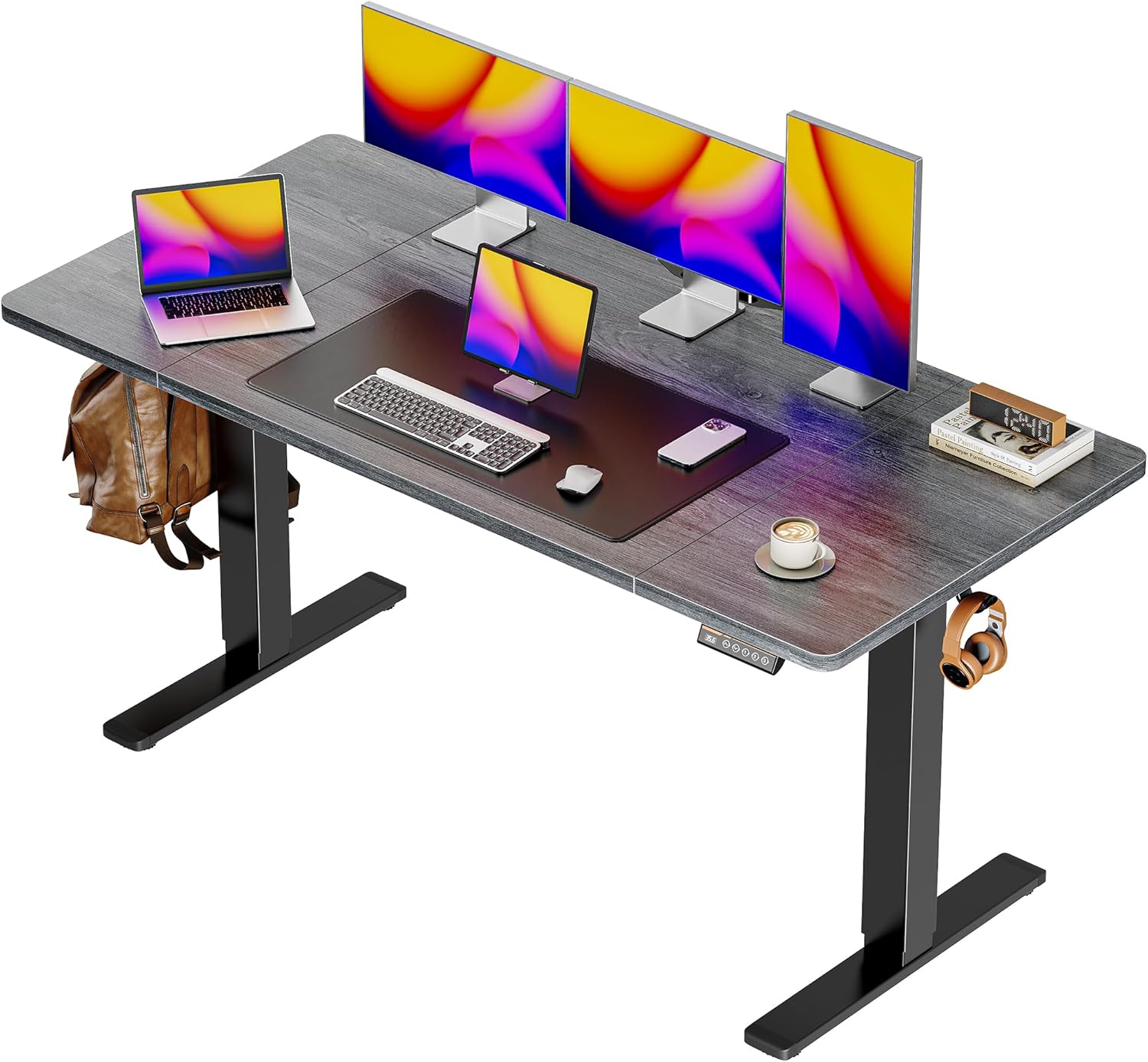 Huuger 55 x 28 Large Electric Standing Desk, Height Adjustable Desk, 27.6 Deep Desktop, Stand up Gaming Computer Office Desk with 2 Hooks, 3 Preset Heights, for Home Office, Grey