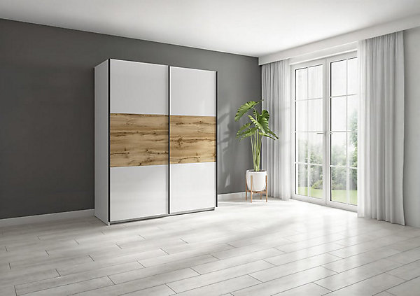 Armoire à 2 portes coulissante coloris Blanc brillant/Chêne wotan - Longueur 153,5 x Profondeur 60 x Hauteur 195,5 cm