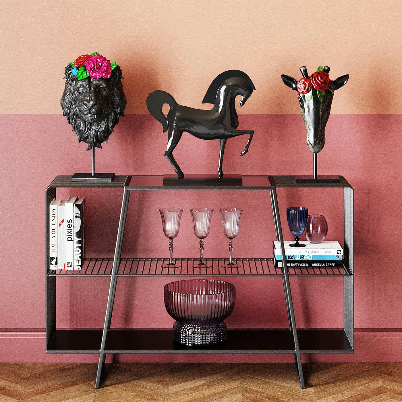 MESH - Etagère noire en acier et verre