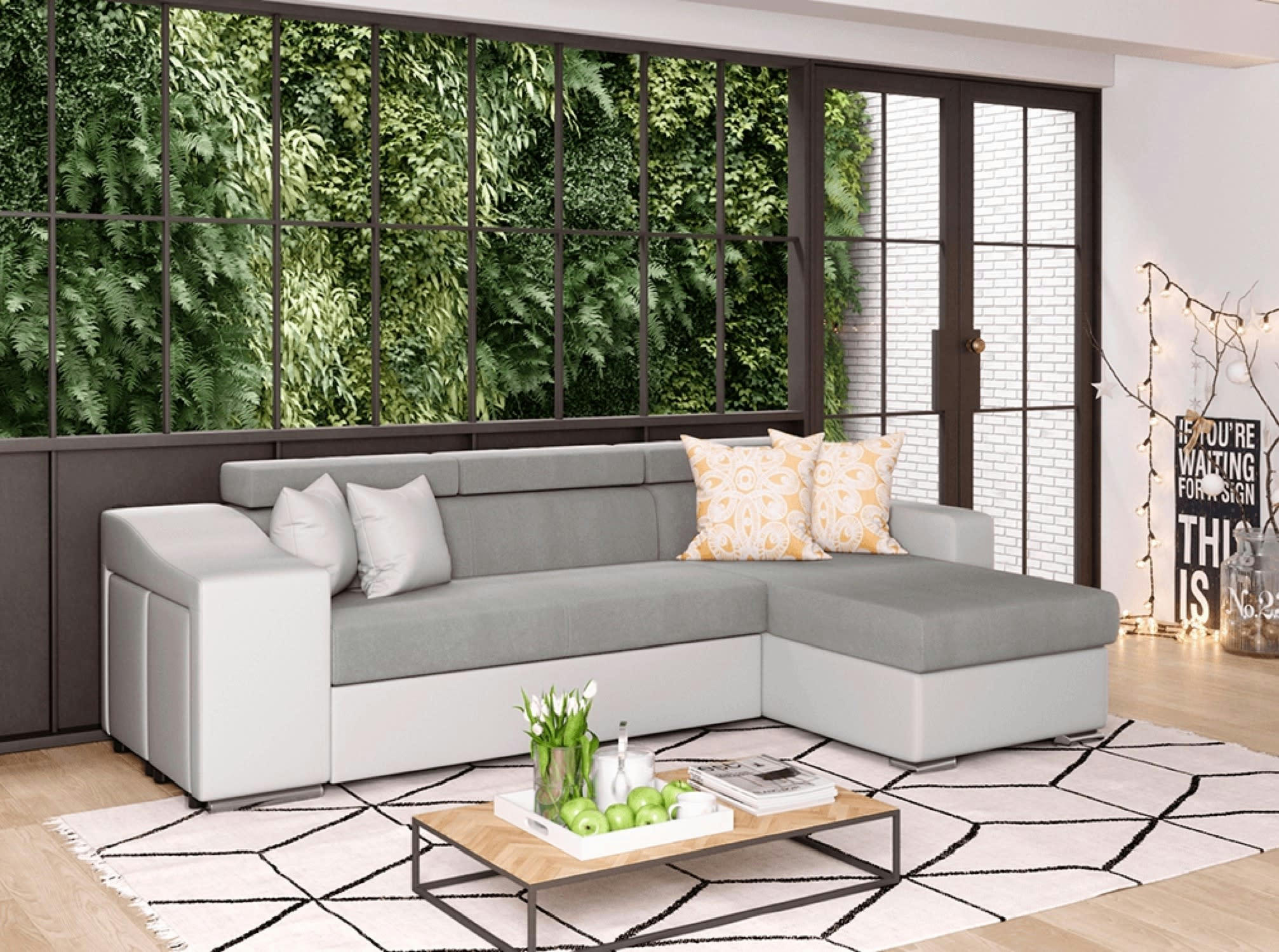 ELONA - Canapé d'angle convertible blanc/gris avec niche de rangement gauche