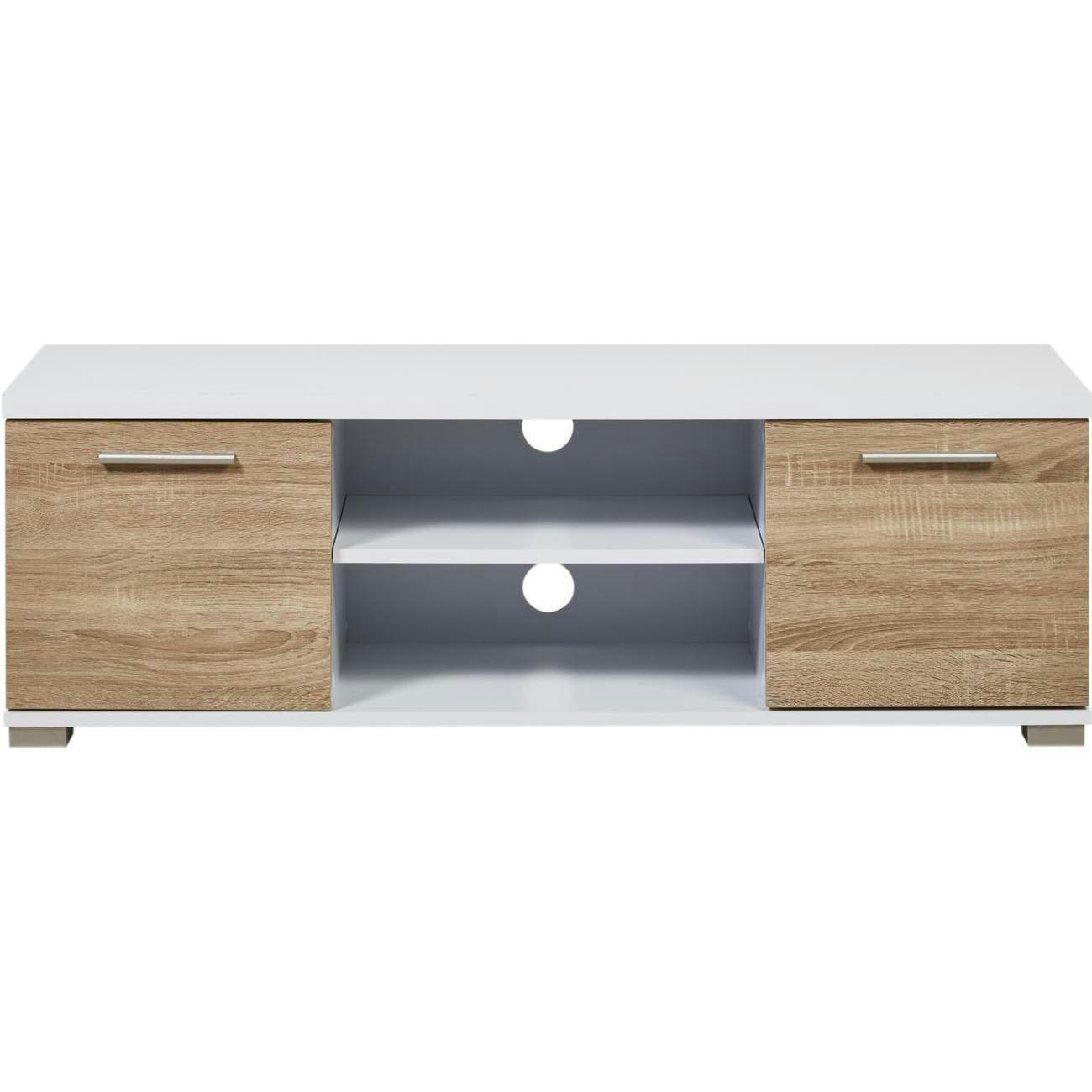 TEDDY - Meuble TV bois laqué beige et blanc